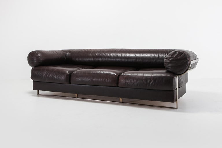 French Charpentier Brown Leather 'Apollo' Sofa in Stainless Steel Frame