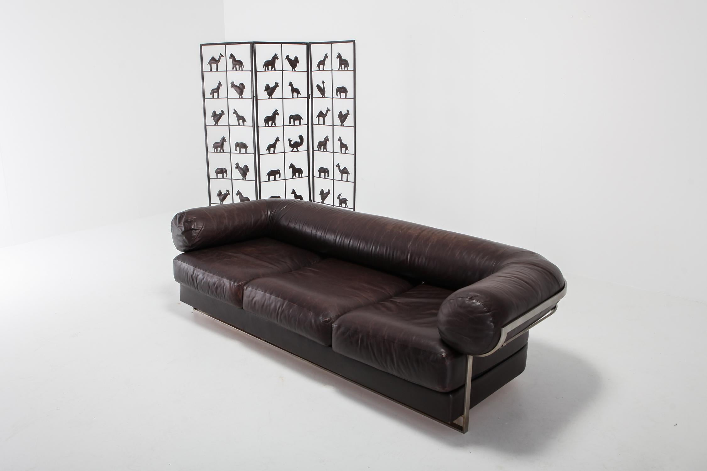20th Century Charpentier Brown Leather 'Apollo' Sofa in Stainless Steel Frame For Sale
