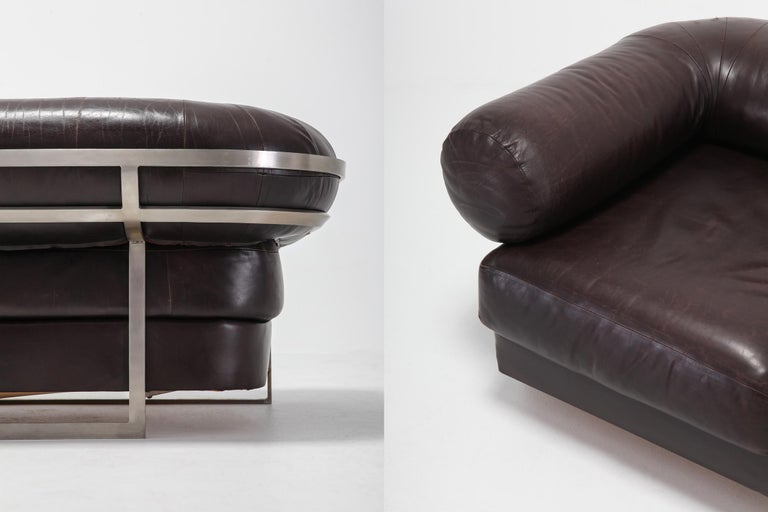 Charpentier Brown Leather 'Apollo' Sofa in Stainless Steel Frame 1