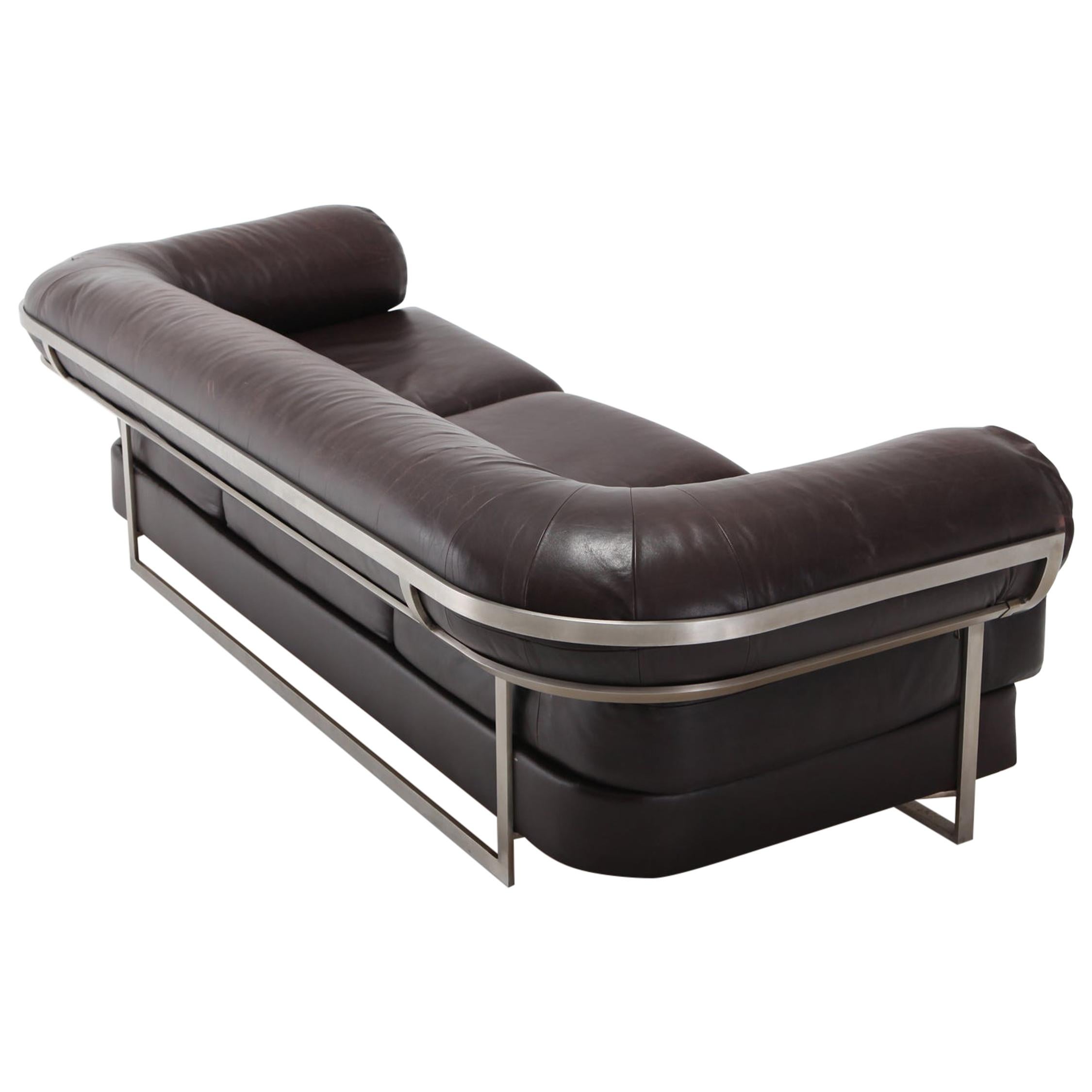 Charpentier Brown Leather 'Apollo' Sofa in Stainless Steel Frame For Sale