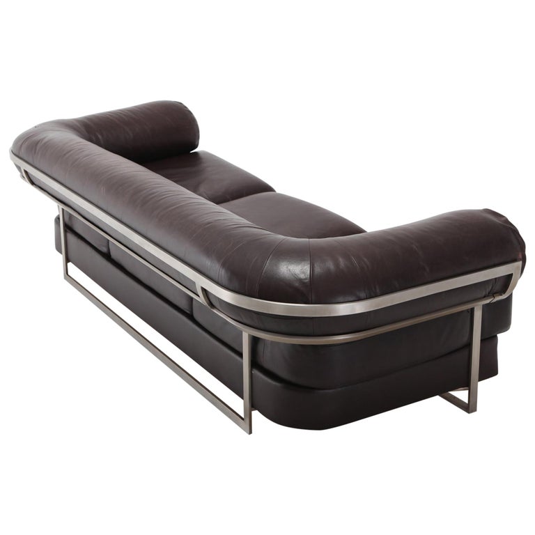 Charpentier Brown Leather 'Apollo' Sofa in Stainless Steel Frame
