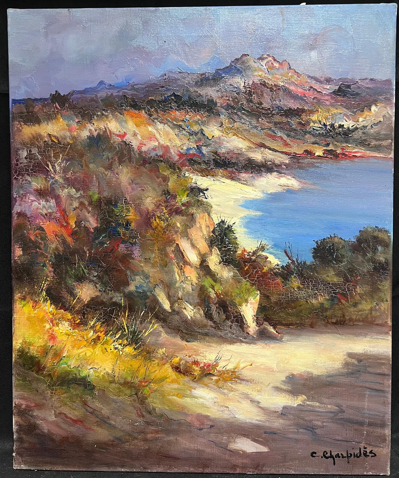French Impressionist Signed Oil Blue Coastline Sand Dunes and Landscape - Painting by Charpides