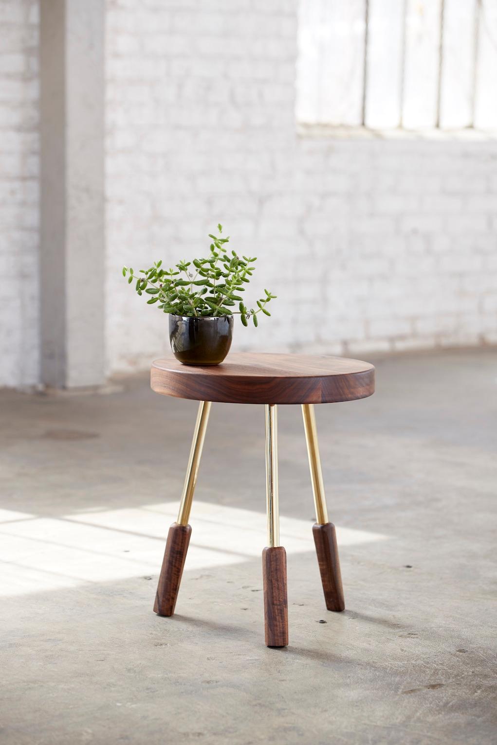 Contemporary Charred Ash Milking Stool with Brass Legs by Casey McCafferty For Sale