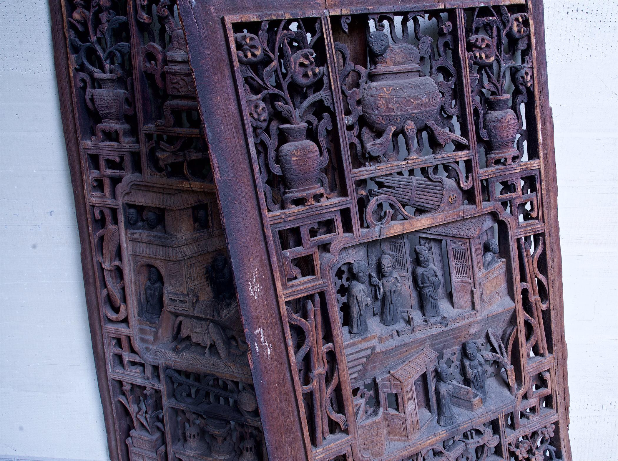 Hand-Carved Ancient Chinese Wedding Doors Shutters Wall Art Rustic Chinoiserie Sculpture For Sale