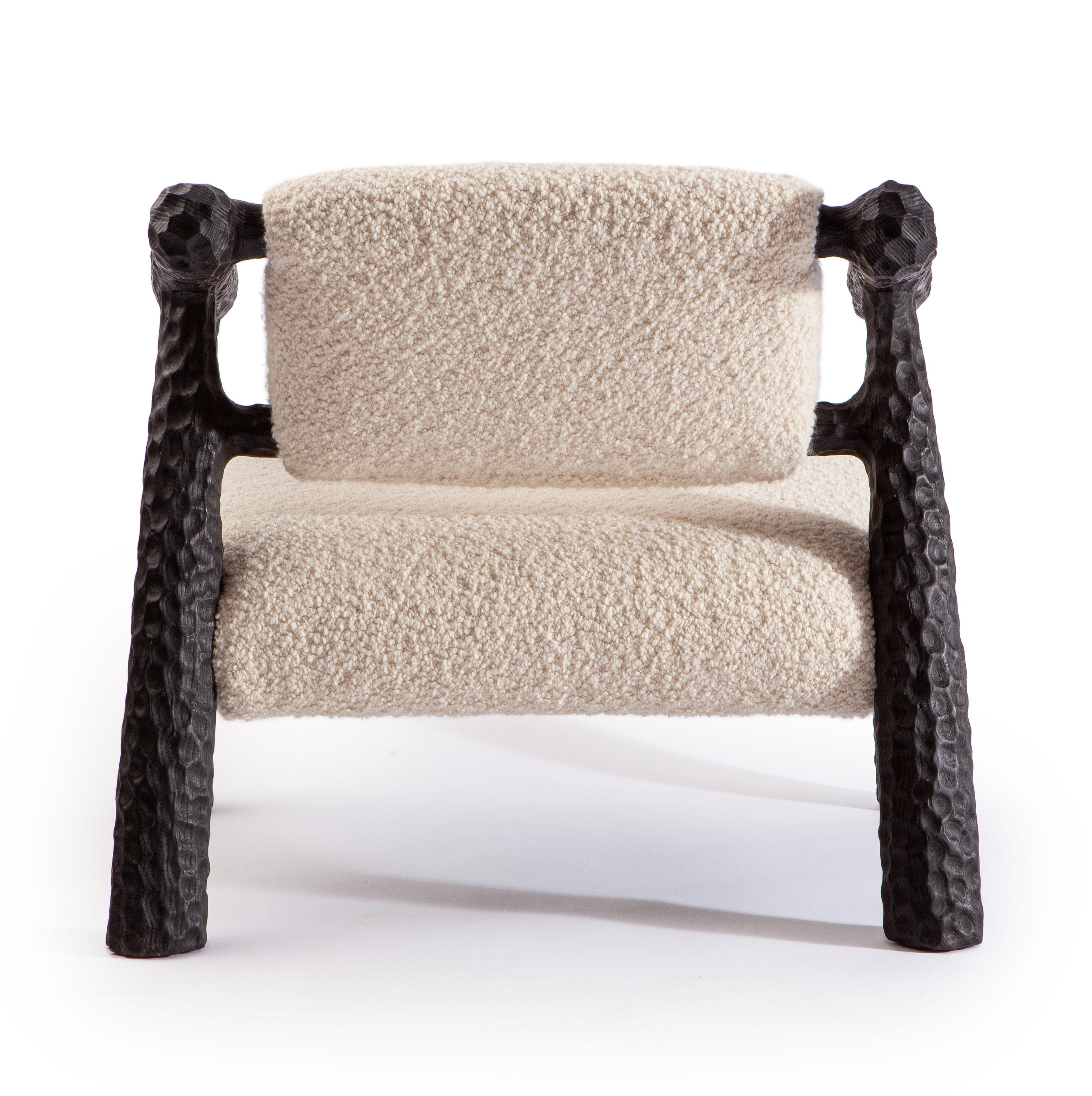 Contemporary Charred Chunky Chair with Bouclé fabric For Sale