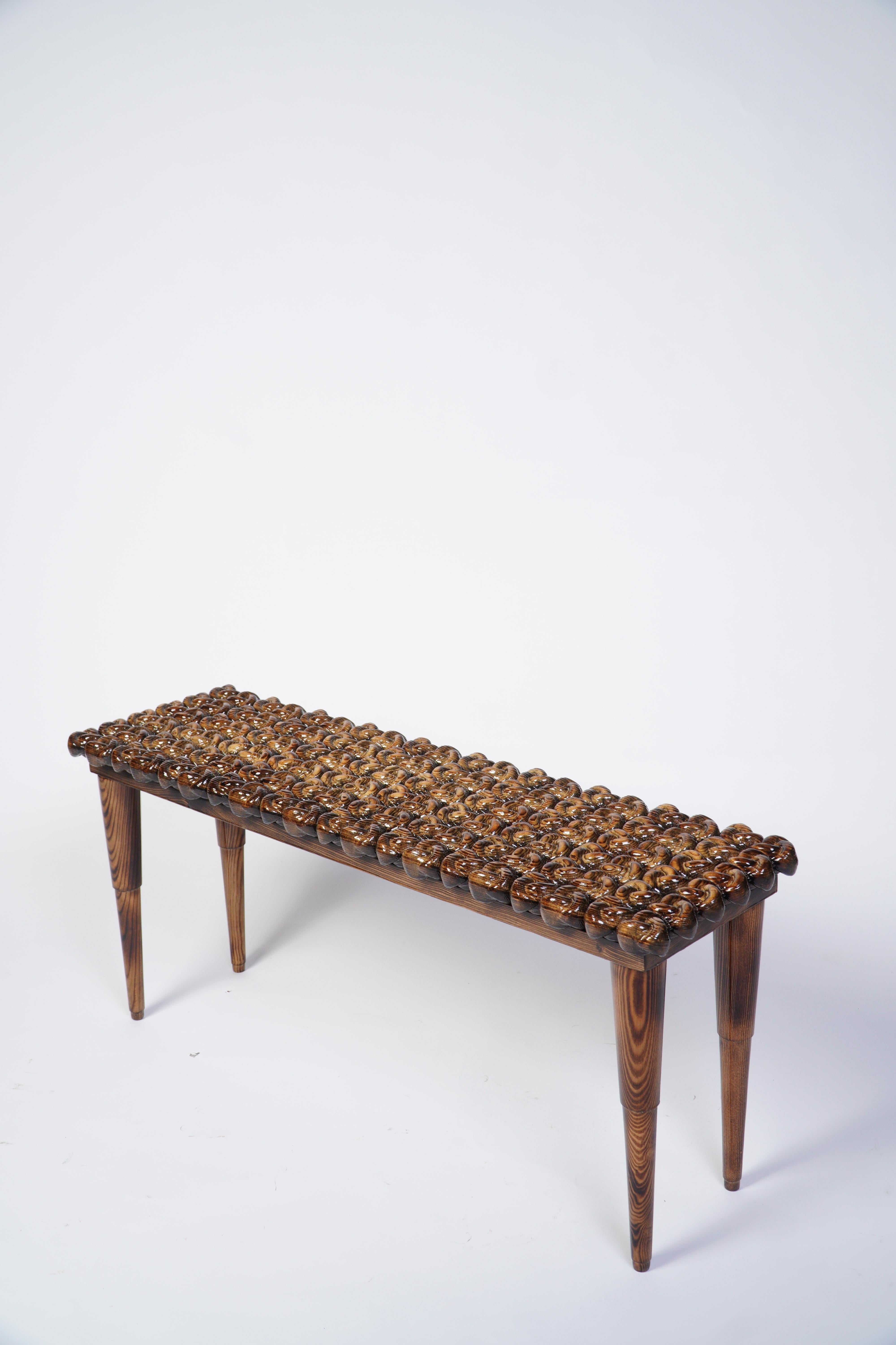 Charred Handcrafted Wood High-Gloss Knot Foyer Bench For Sale 2