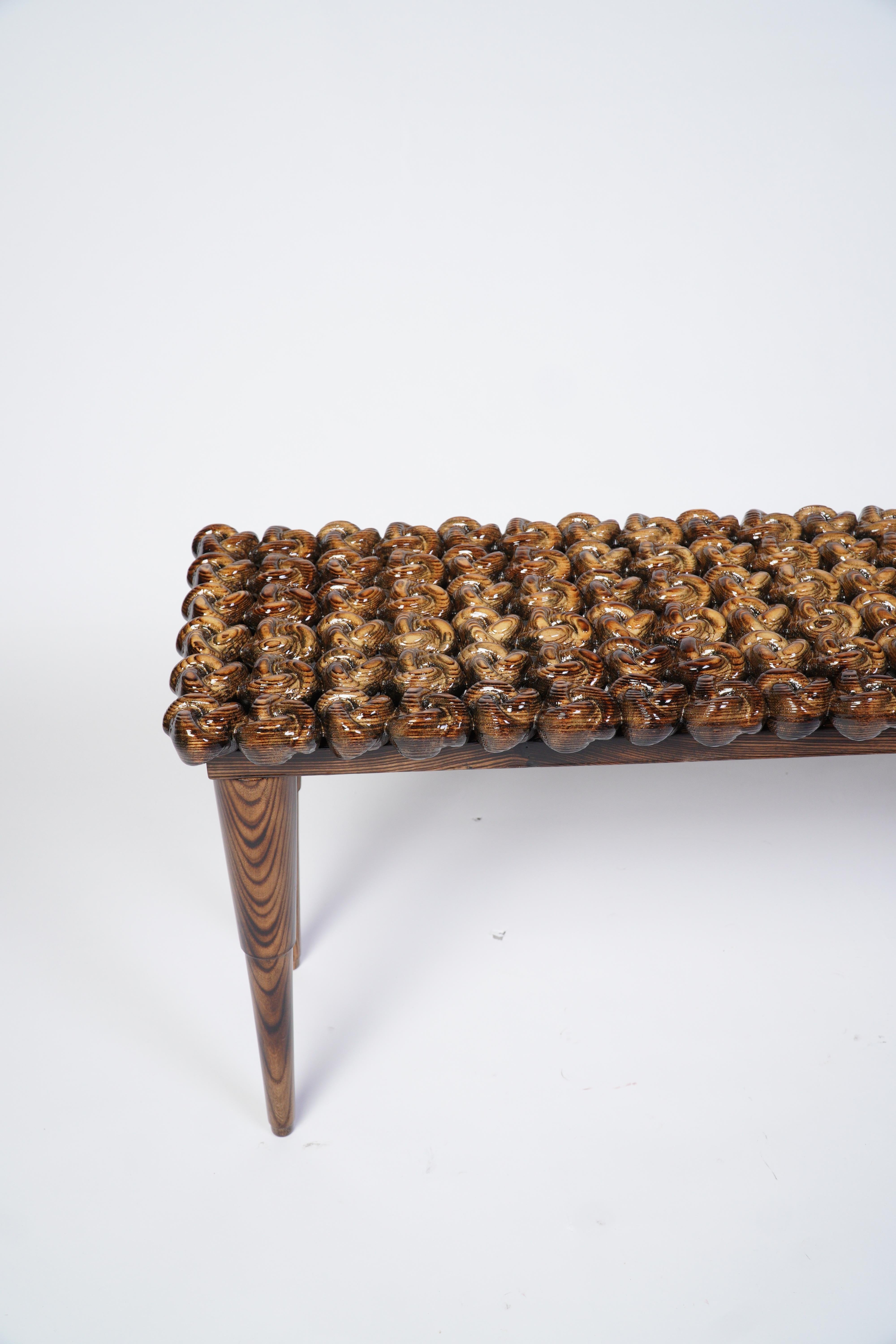 Charred Handcrafted Wood High-Gloss Knot Foyer Bench For Sale 3