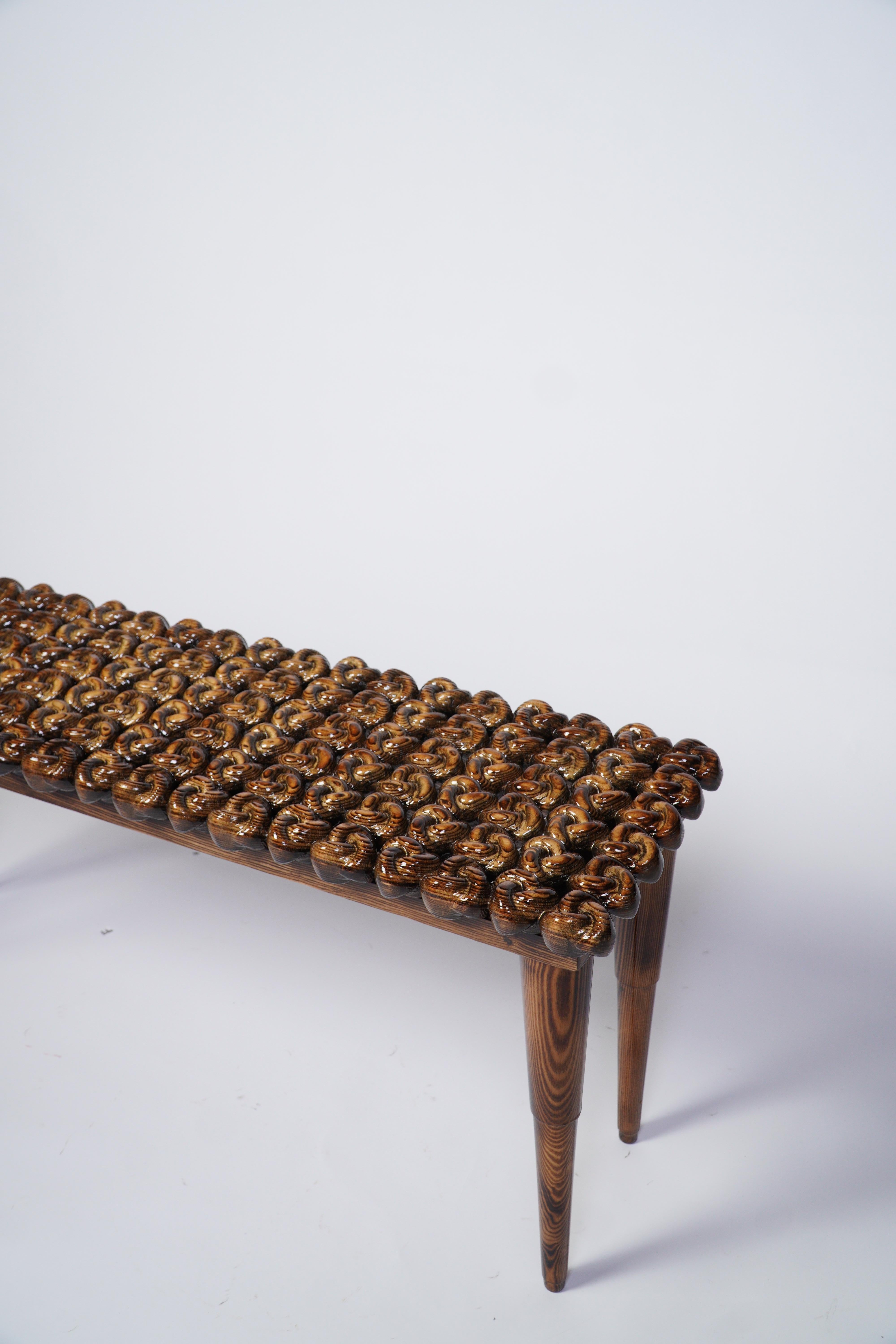 Charred Handcrafted Wood High-Gloss Knot Foyer Bench For Sale 4