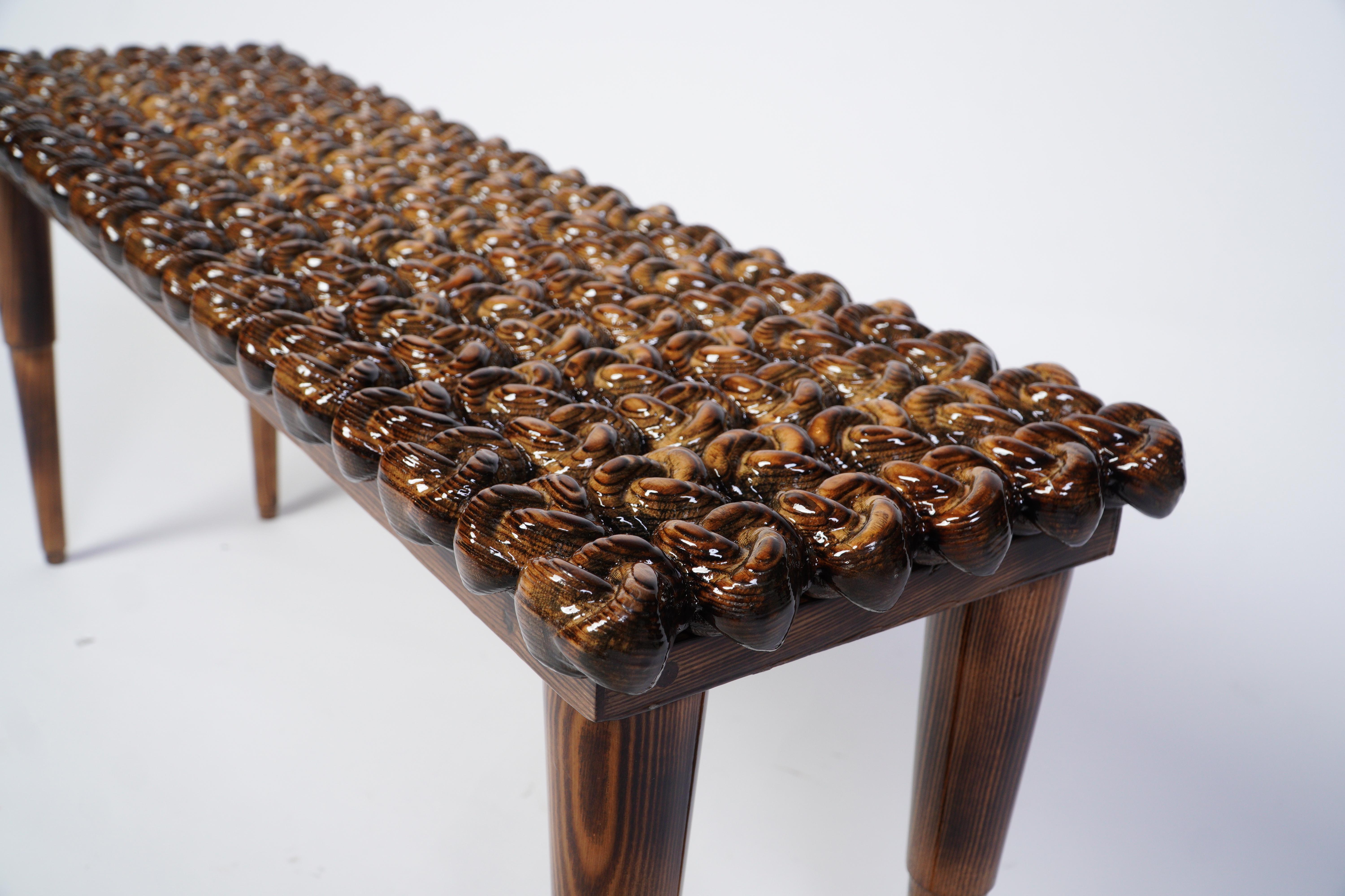 Charred Handcrafted Wood High-Gloss Knot Foyer Bench For Sale 9