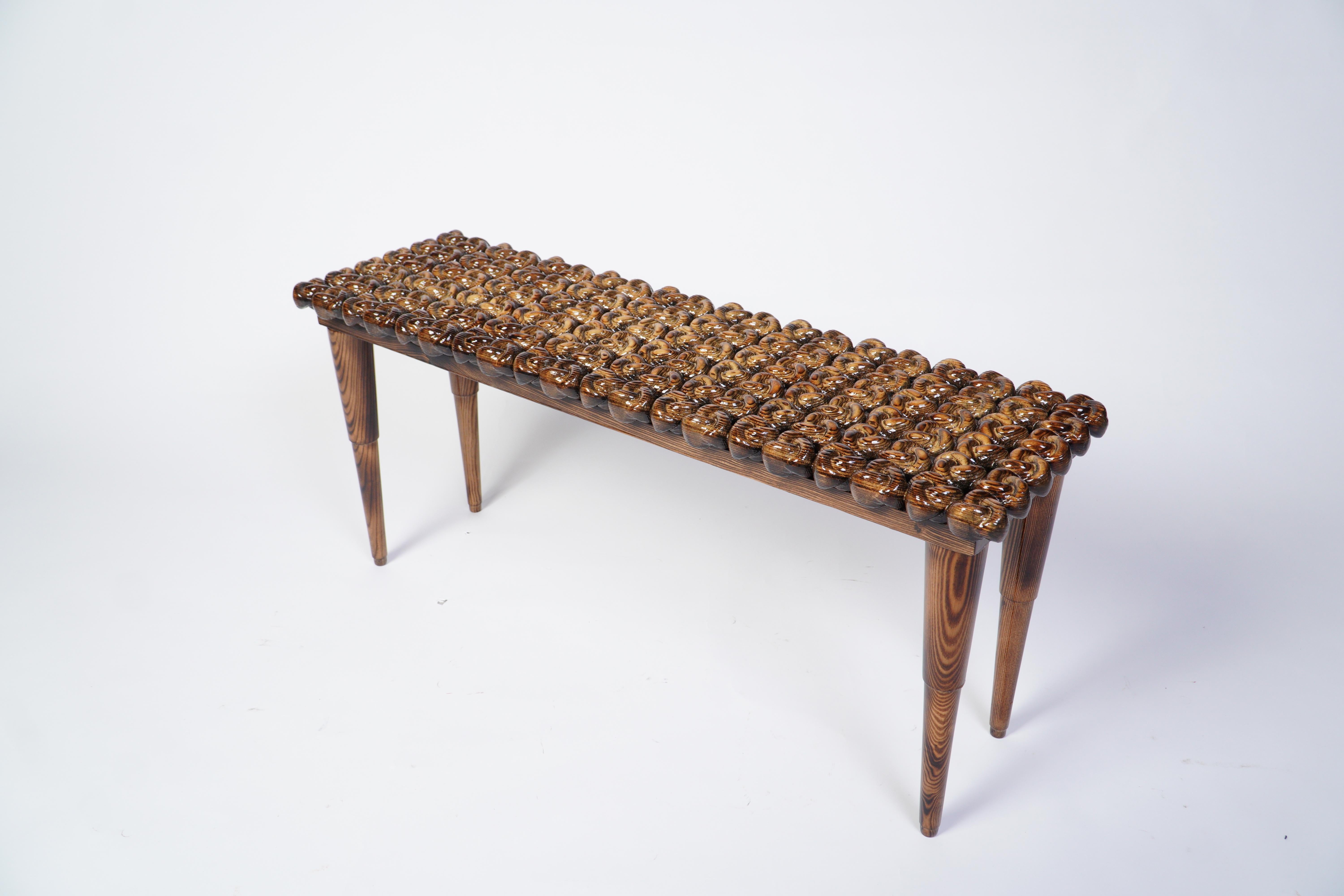 Charred Handcrafted Wood High-Gloss Knot Foyer Bench For Sale 11