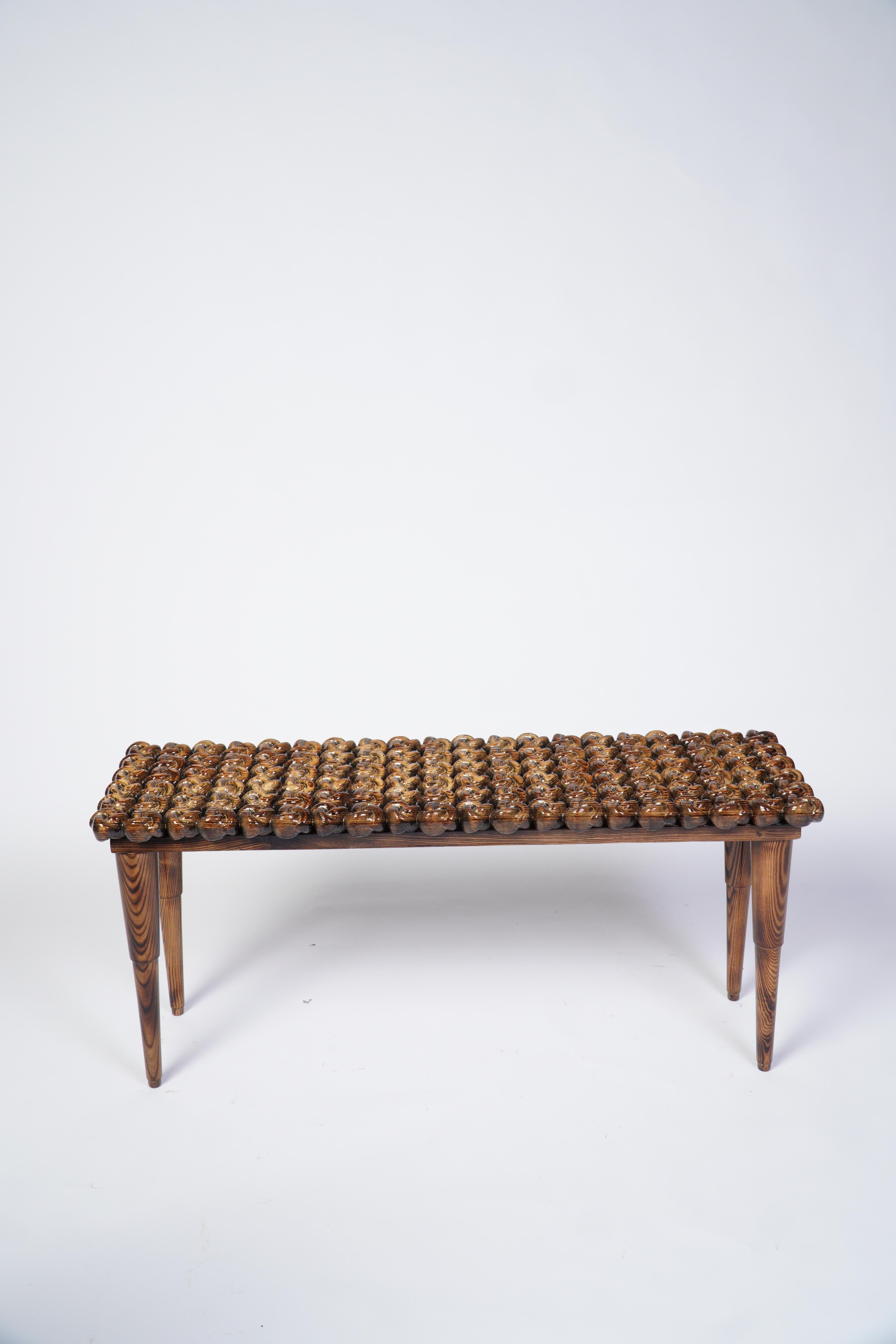 Organic Modern Charred Handcrafted Wood High-Gloss Knot Foyer Bench For Sale