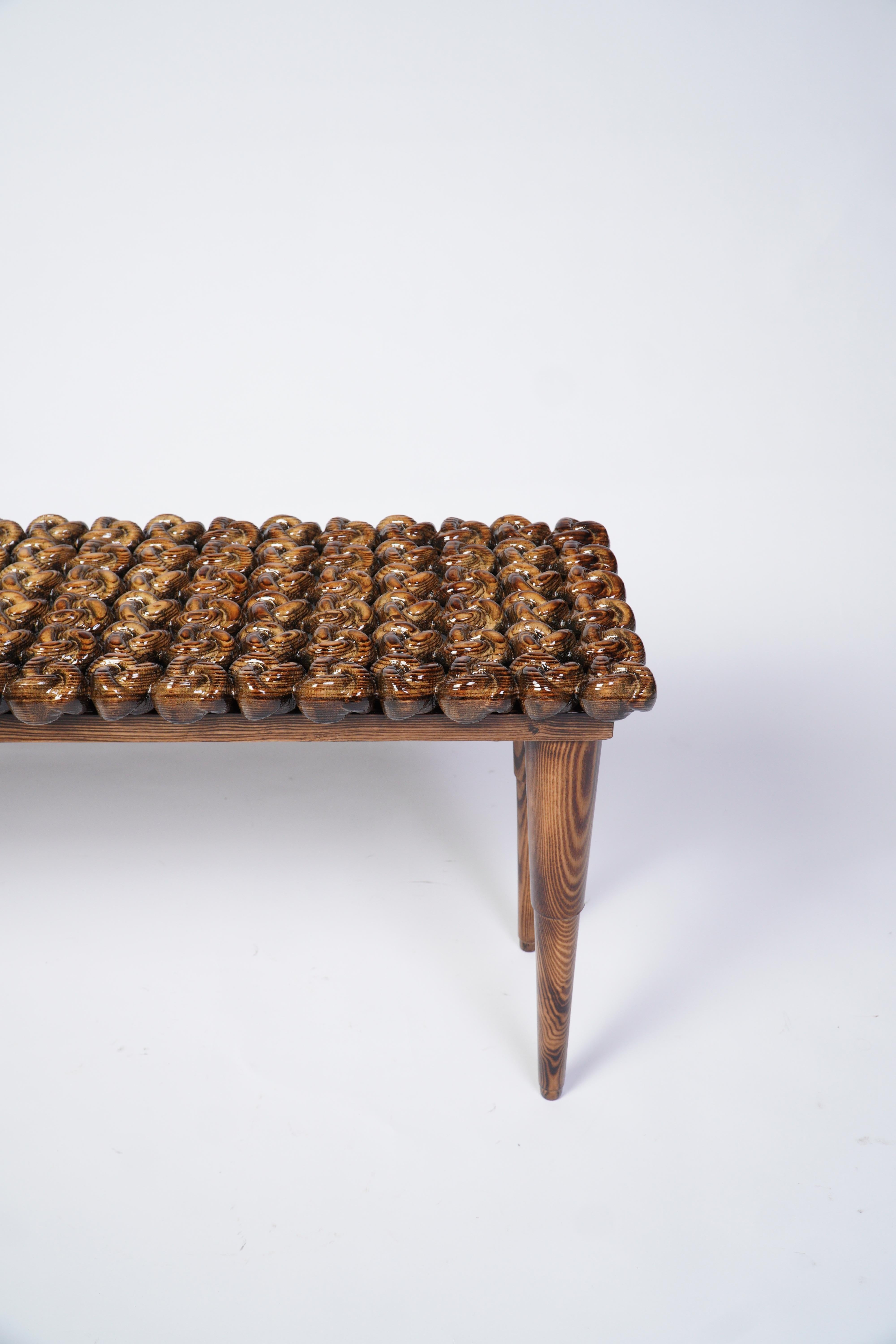 Asian Charred Handcrafted Wood High-Gloss Knot Foyer Bench For Sale