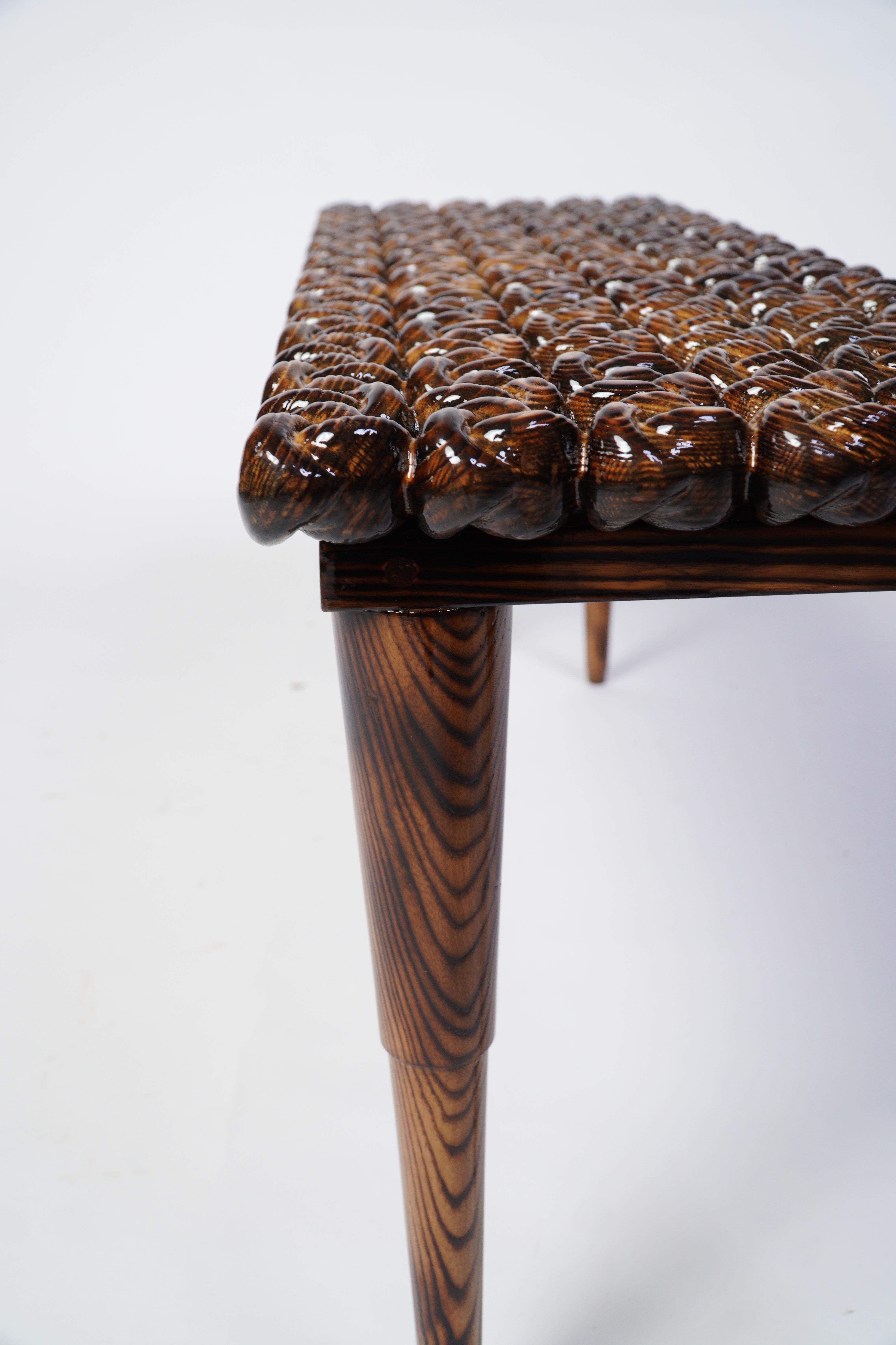 Hand-Carved Charred Handcrafted Wood High-Gloss Knot Foyer Bench For Sale