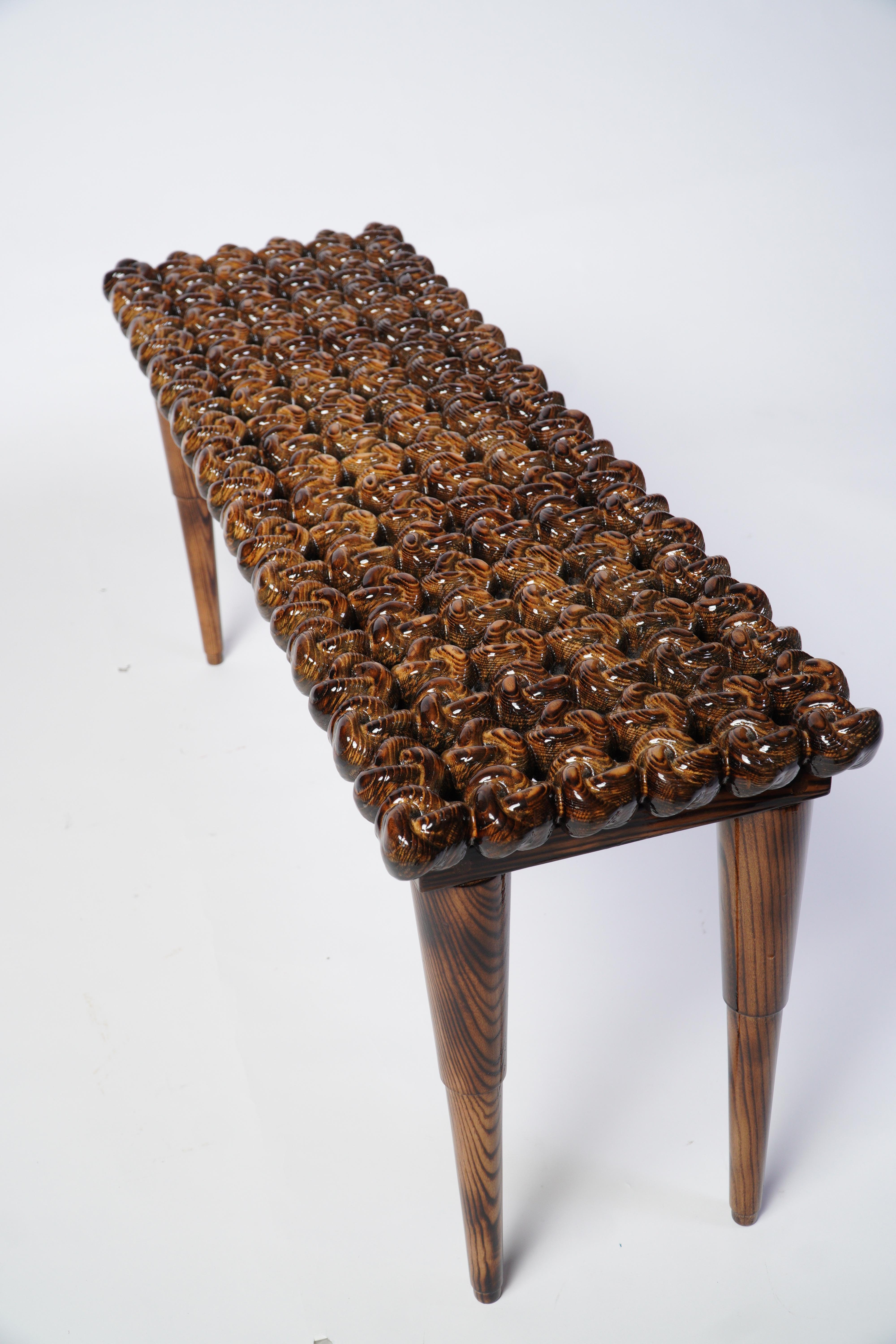 Charred Handcrafted Wood High-Gloss Knot Foyer Bench In New Condition For Sale In Mississauga, Ontario