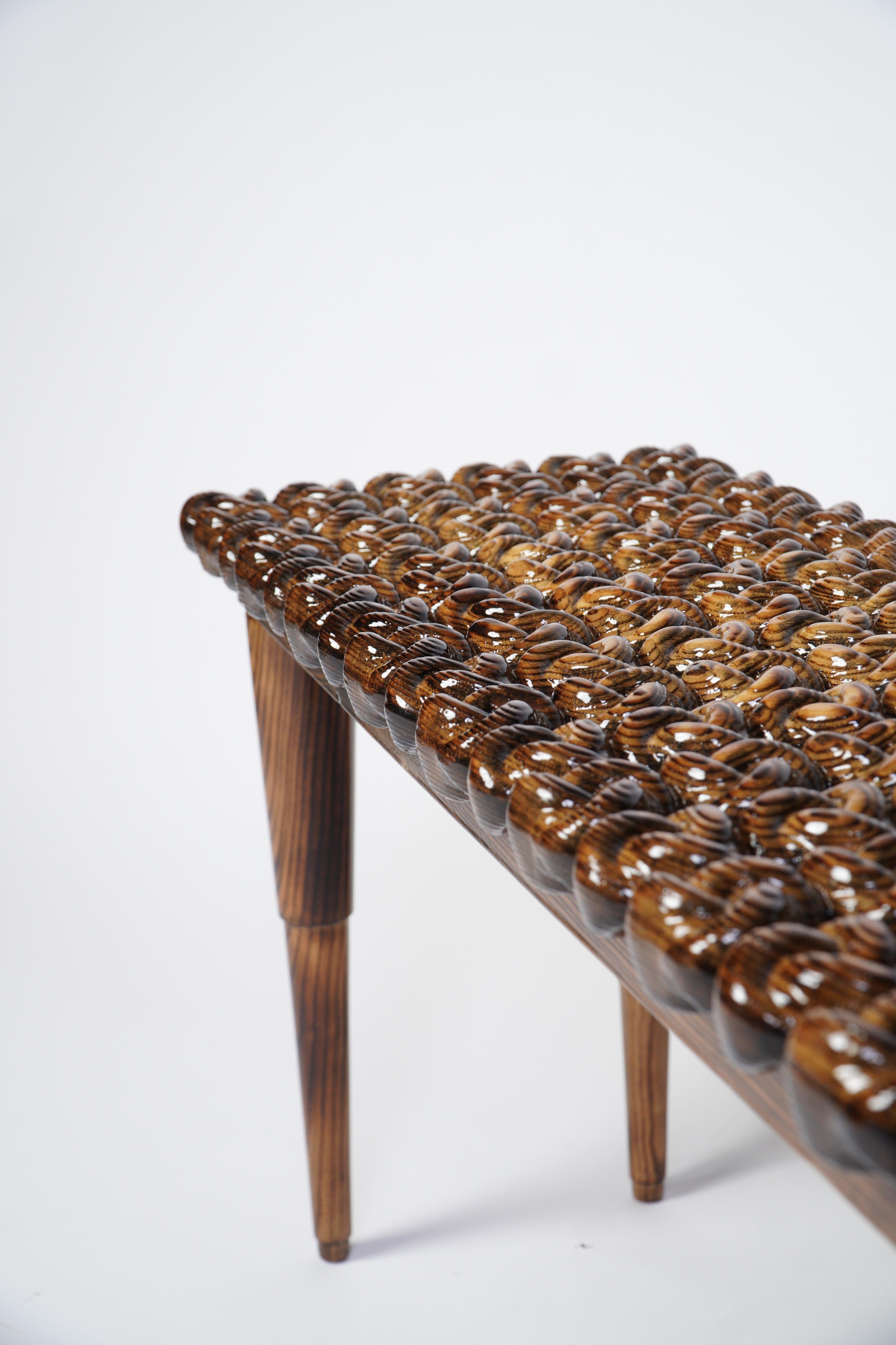 Contemporary Charred Handcrafted Wood High-Gloss Knot Foyer Bench For Sale