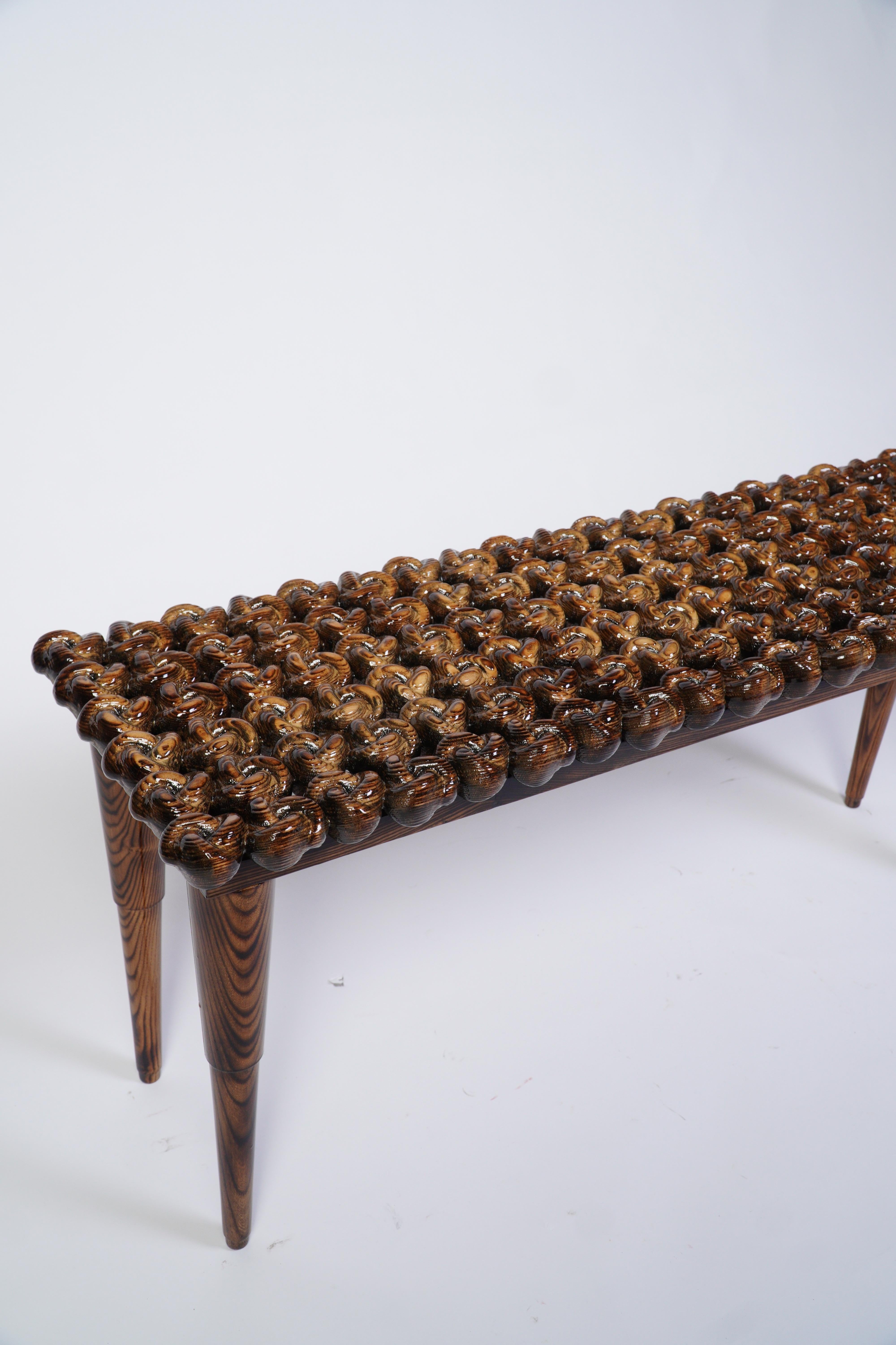 Charred Handcrafted Wood High-Gloss Knot Foyer Bench For Sale 1