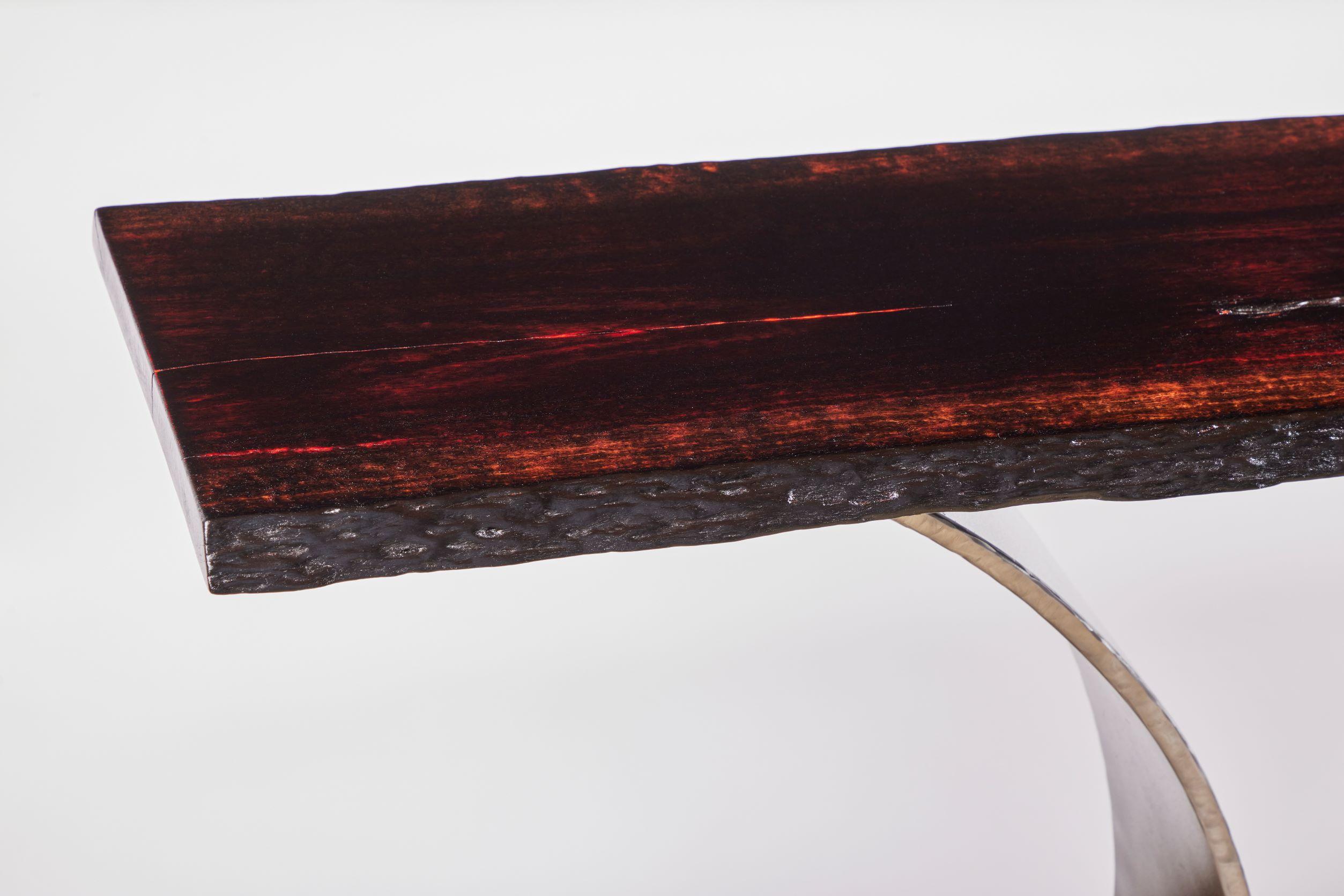 Blackened Charred Live Edge Eucalyptus on Tinted Steel Base Console Table by Carlo Stenta For Sale