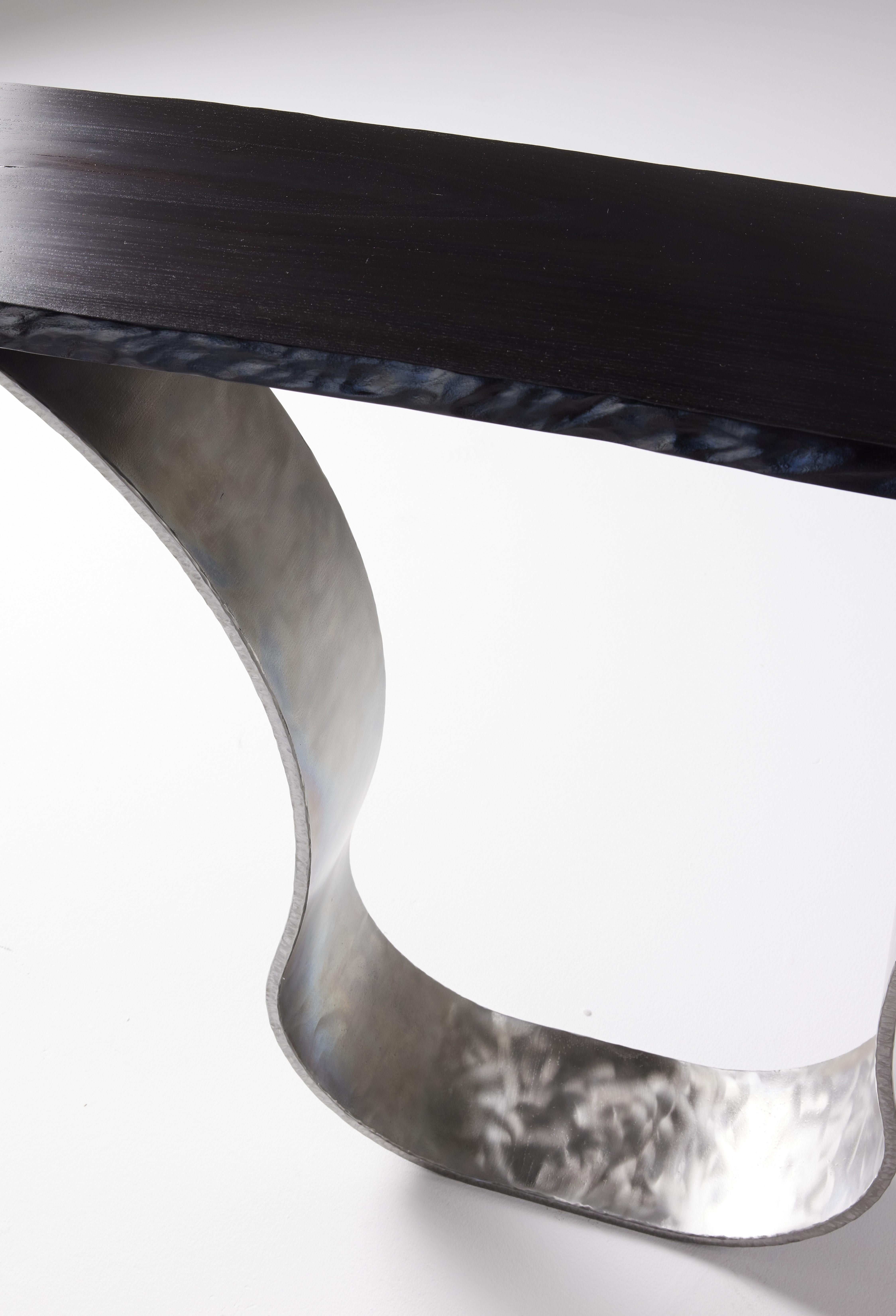 Hand-Carved Charred Live Edge Maple on Polished Steel Base Console Table by Carlo Stenta For Sale