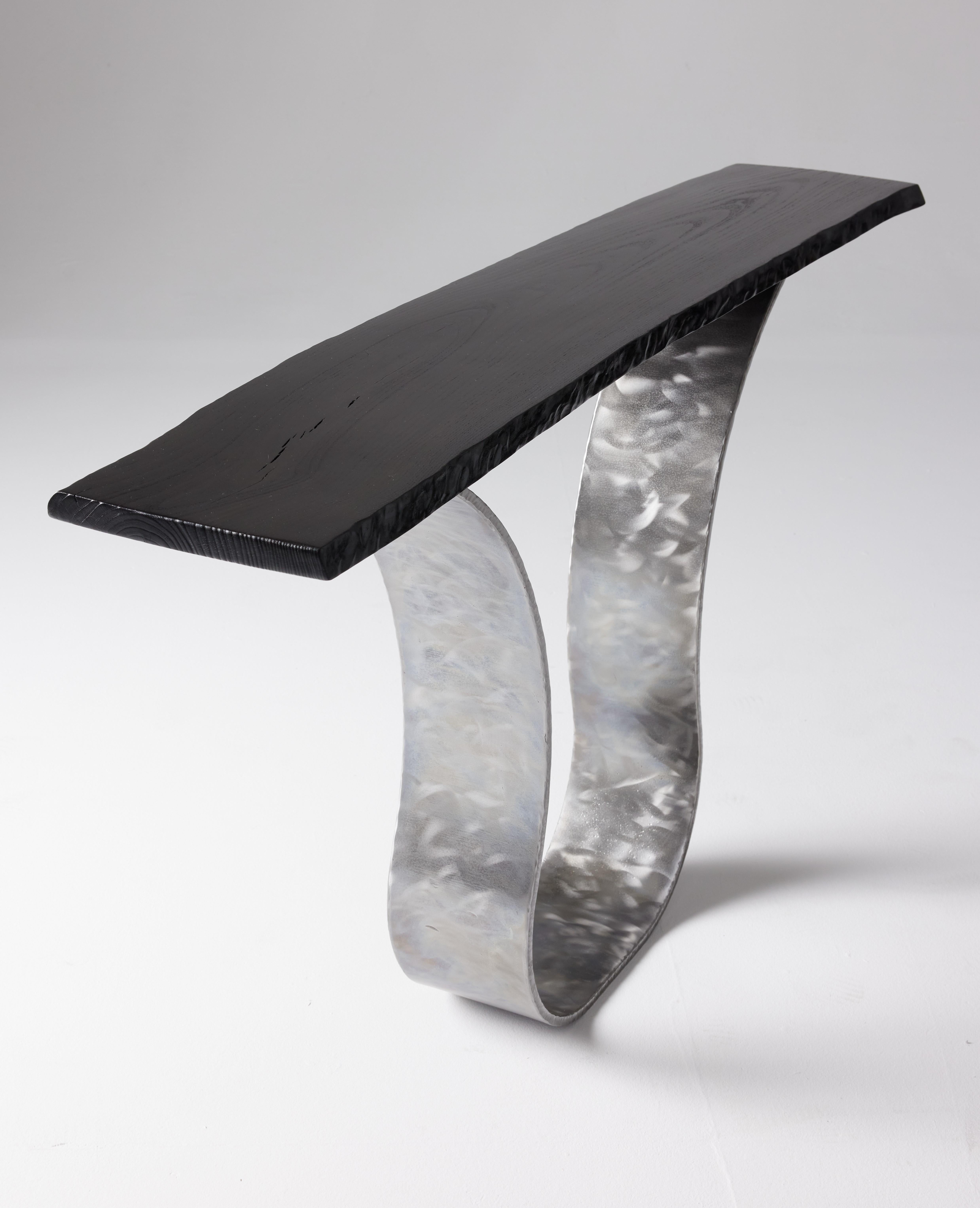 Charred Live Edge Maple on Polished Steel Base Console Table by Carlo Stenta In New Condition For Sale In Redondo Beach, CA