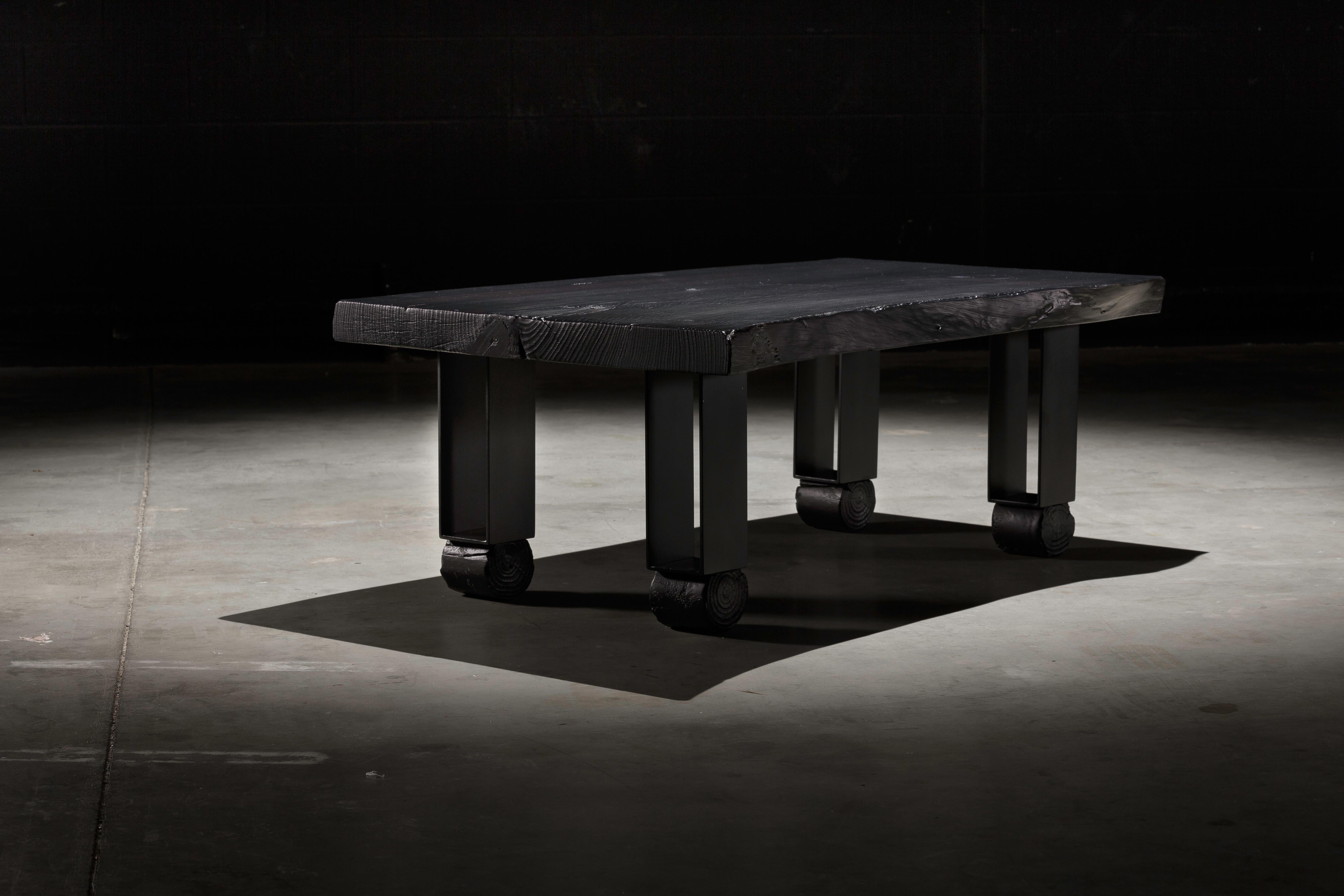 Organic Modern Charred Pine Live Edge Coffee Table with Black Steel Legs 