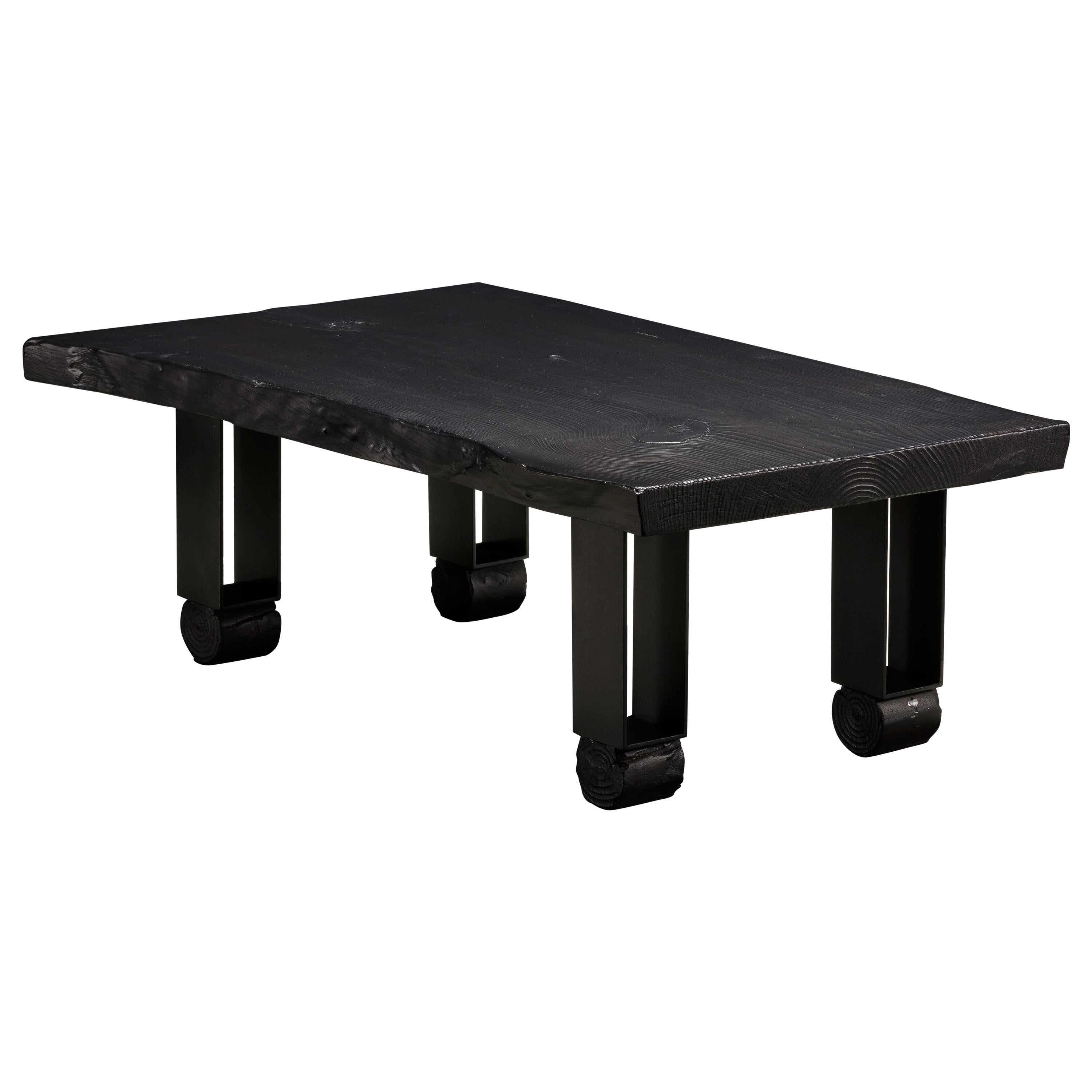 Charred Pine Live Edge Coffee Table with Black Steel Legs "Willis Coffee Table" For Sale