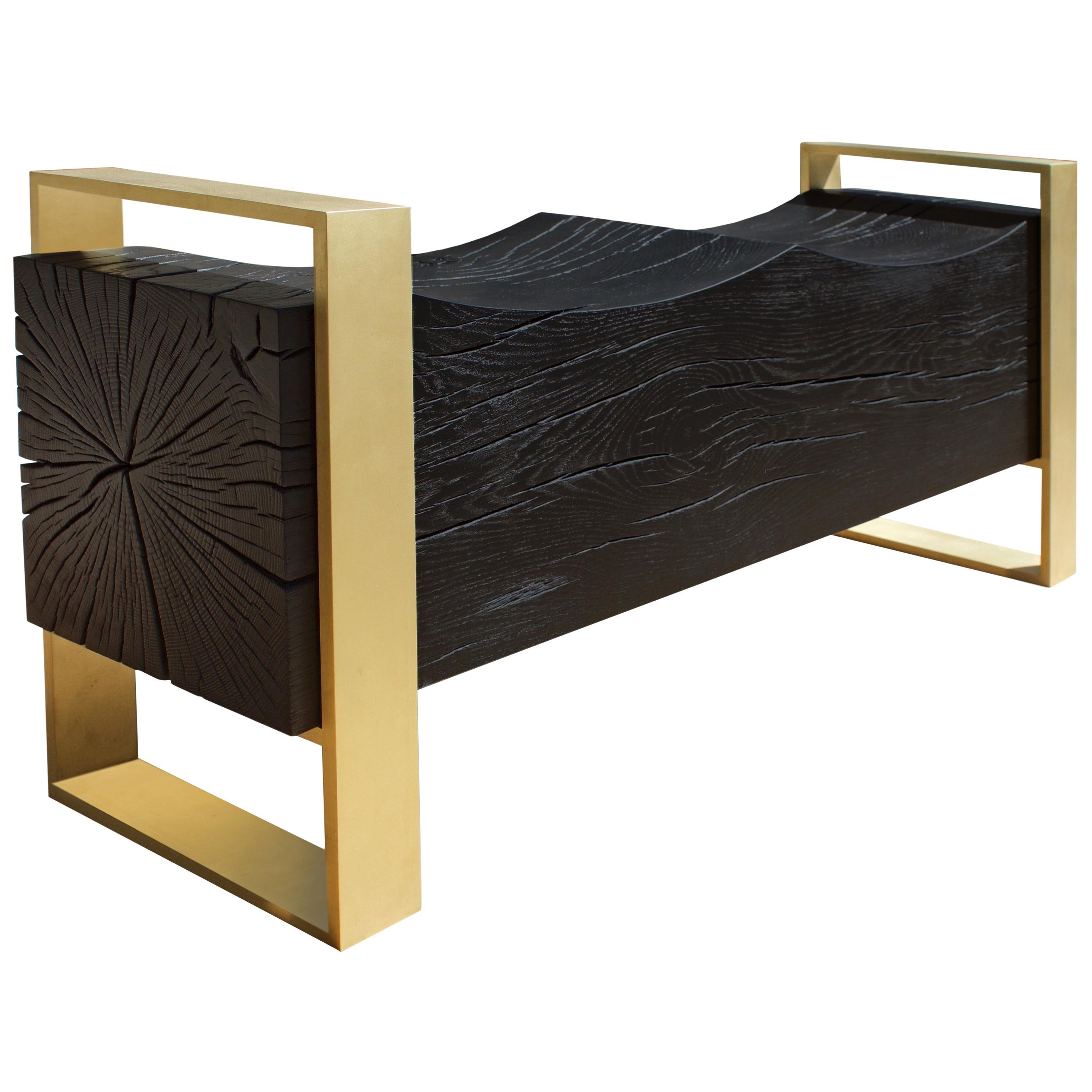 Charred Solid White Oak Carved Bench with Solid Brass by Mark Jupiter For Sale