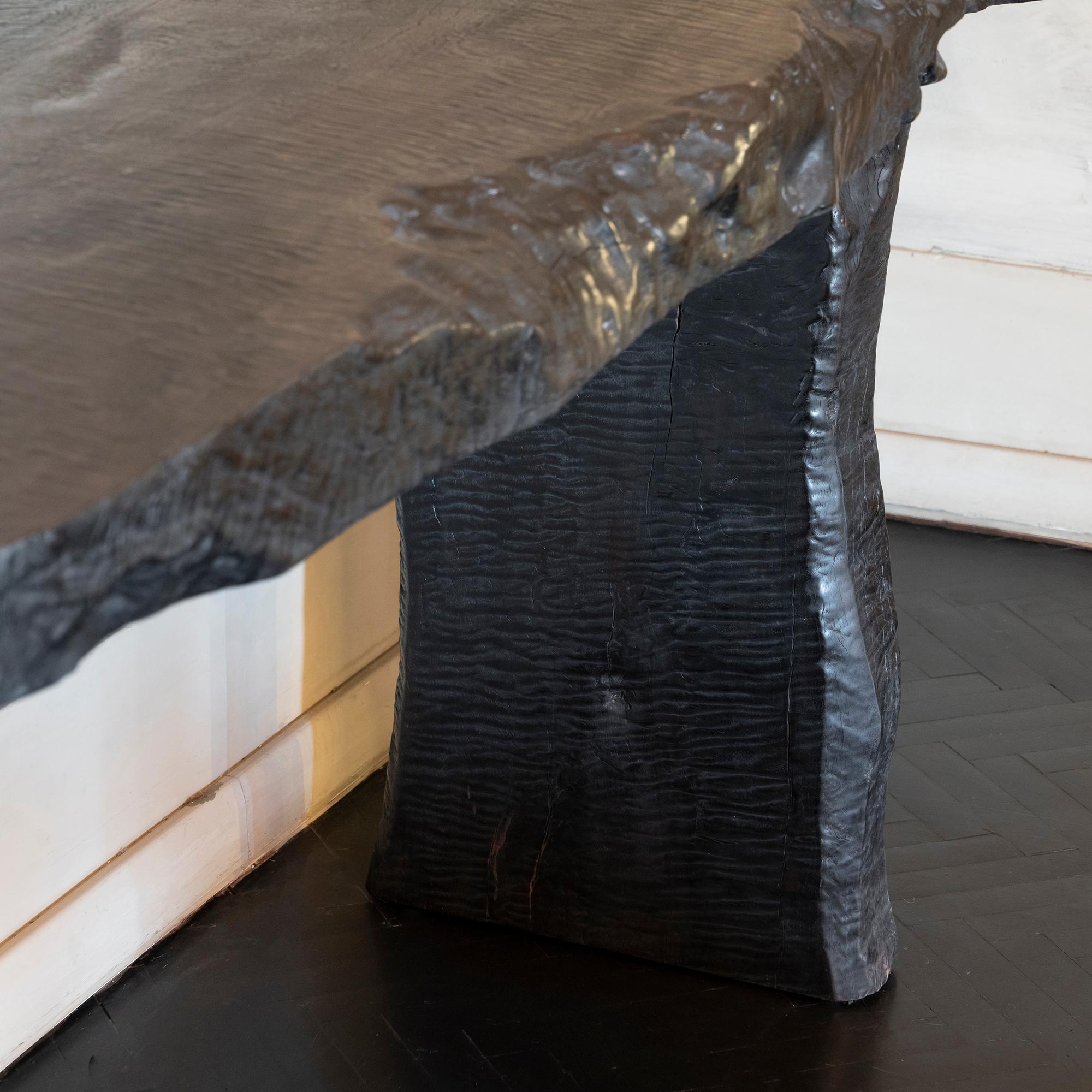 Sculptural Charred Suar wood console, Suar is an Indonesian wood, charred wood – an ancient Japanese technique, is the process of lightly applying open flame to a wood plank to char the surface, Indonesia, 2018.