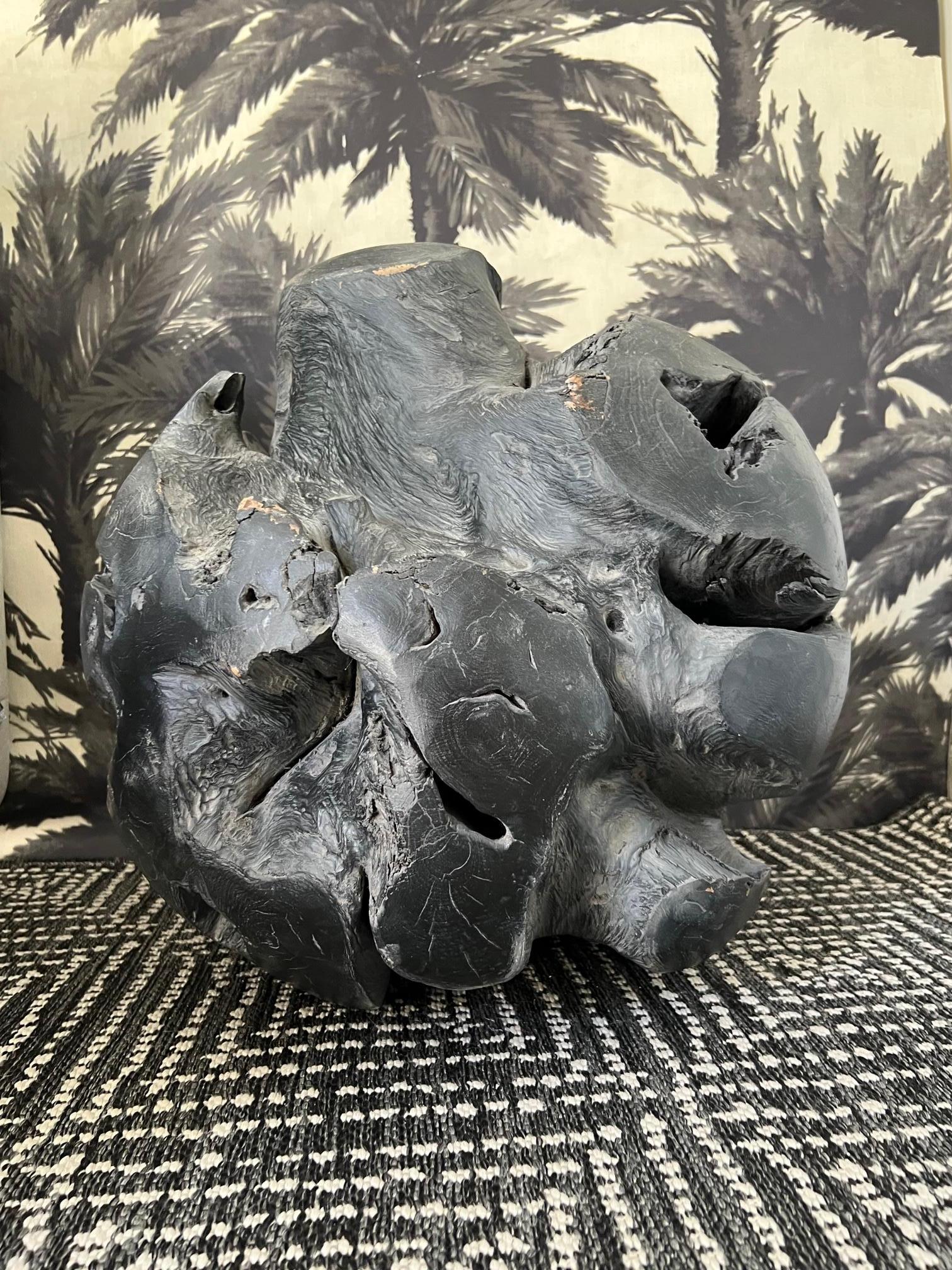 Contemporary Charred Teak Wood Sculptural Organic Sphere, Balinese