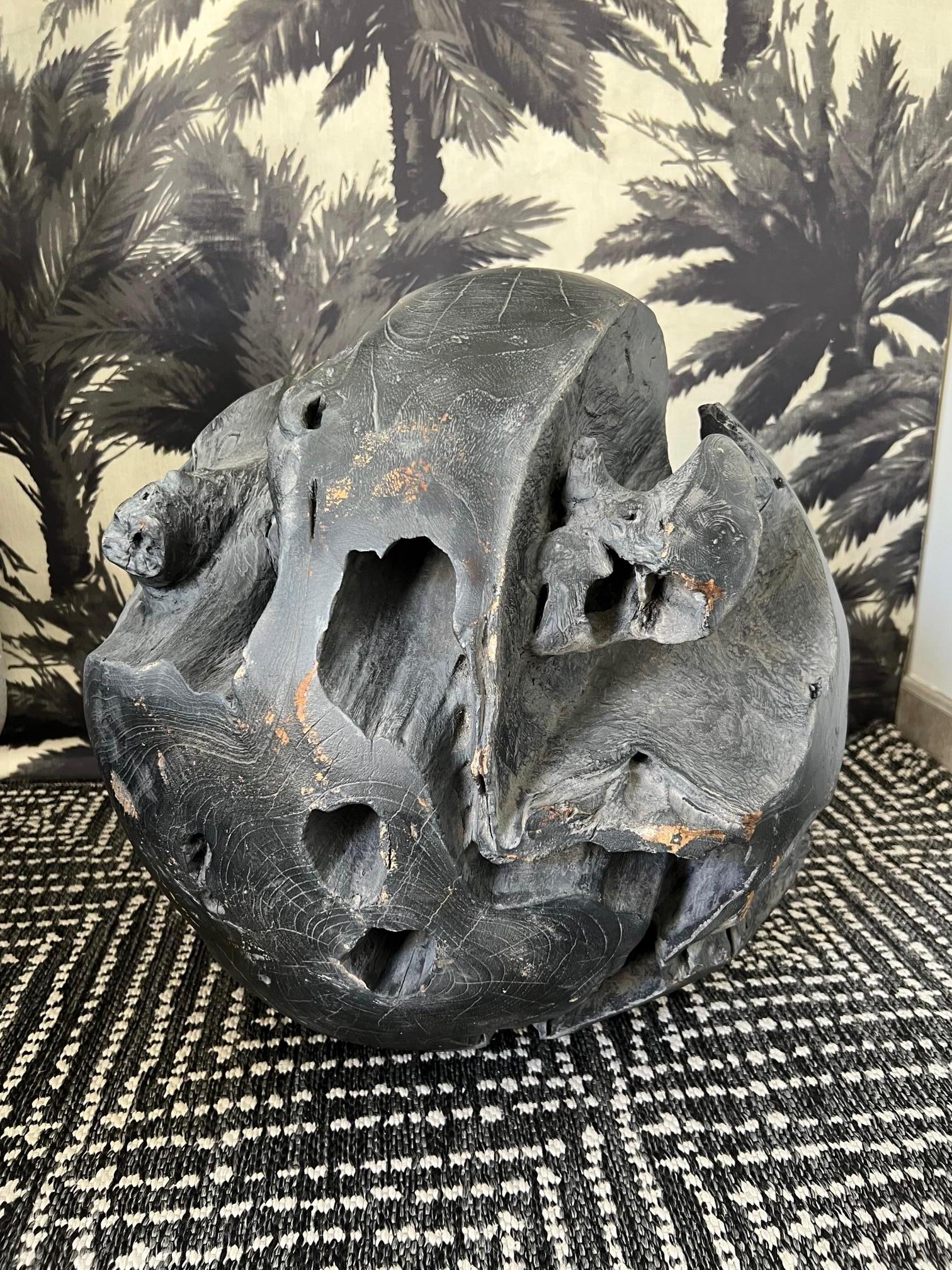 Charred Teak Wood Sculptural Organic Sphere, Balinese 1