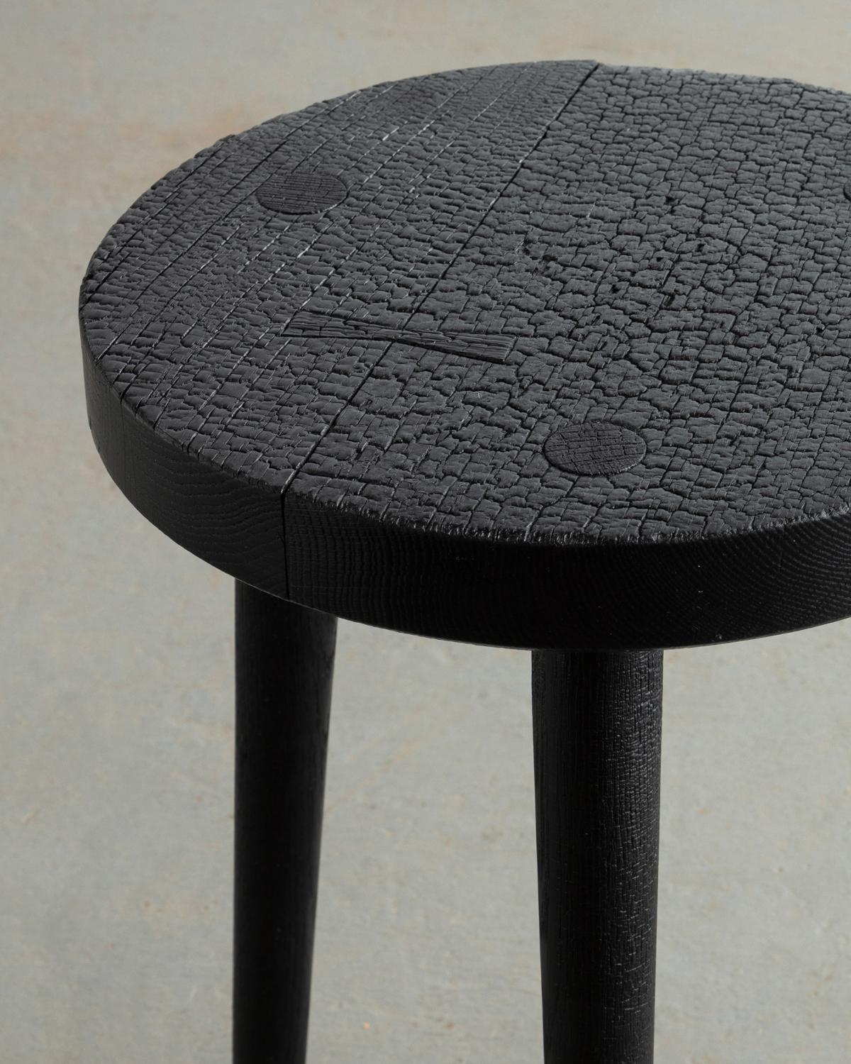 Hand-Crafted Torched Stool with Hand Chiseled Japanese Joinery  For Sale