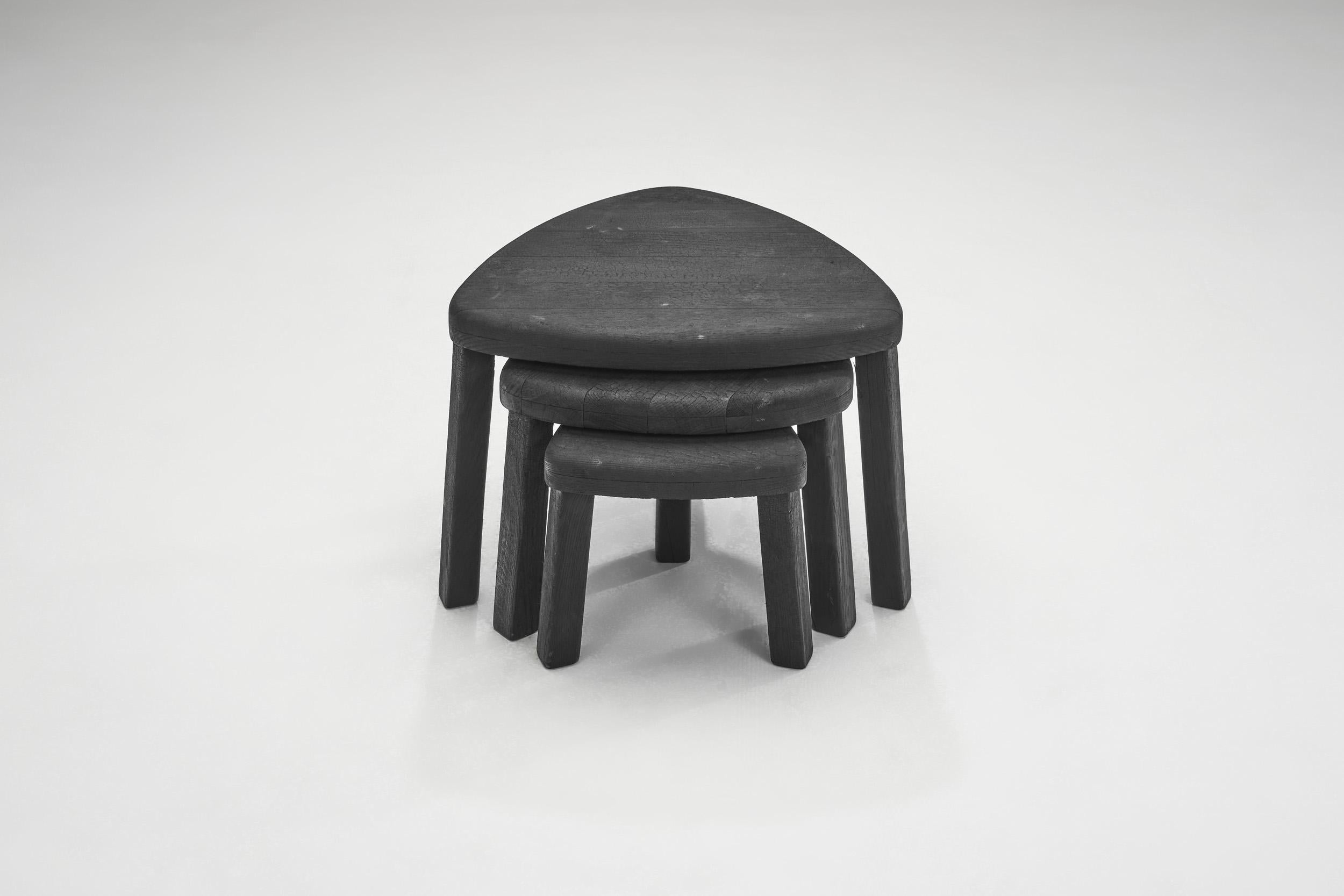 Late 20th Century Charred Triangular Nesting Tables, Europe ca 1970s For Sale