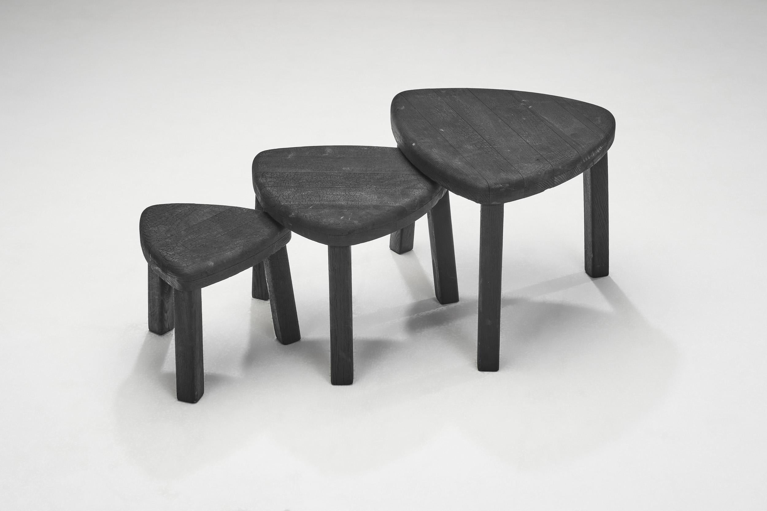 Wood Charred Triangular Nesting Tables, Europe ca 1970s For Sale