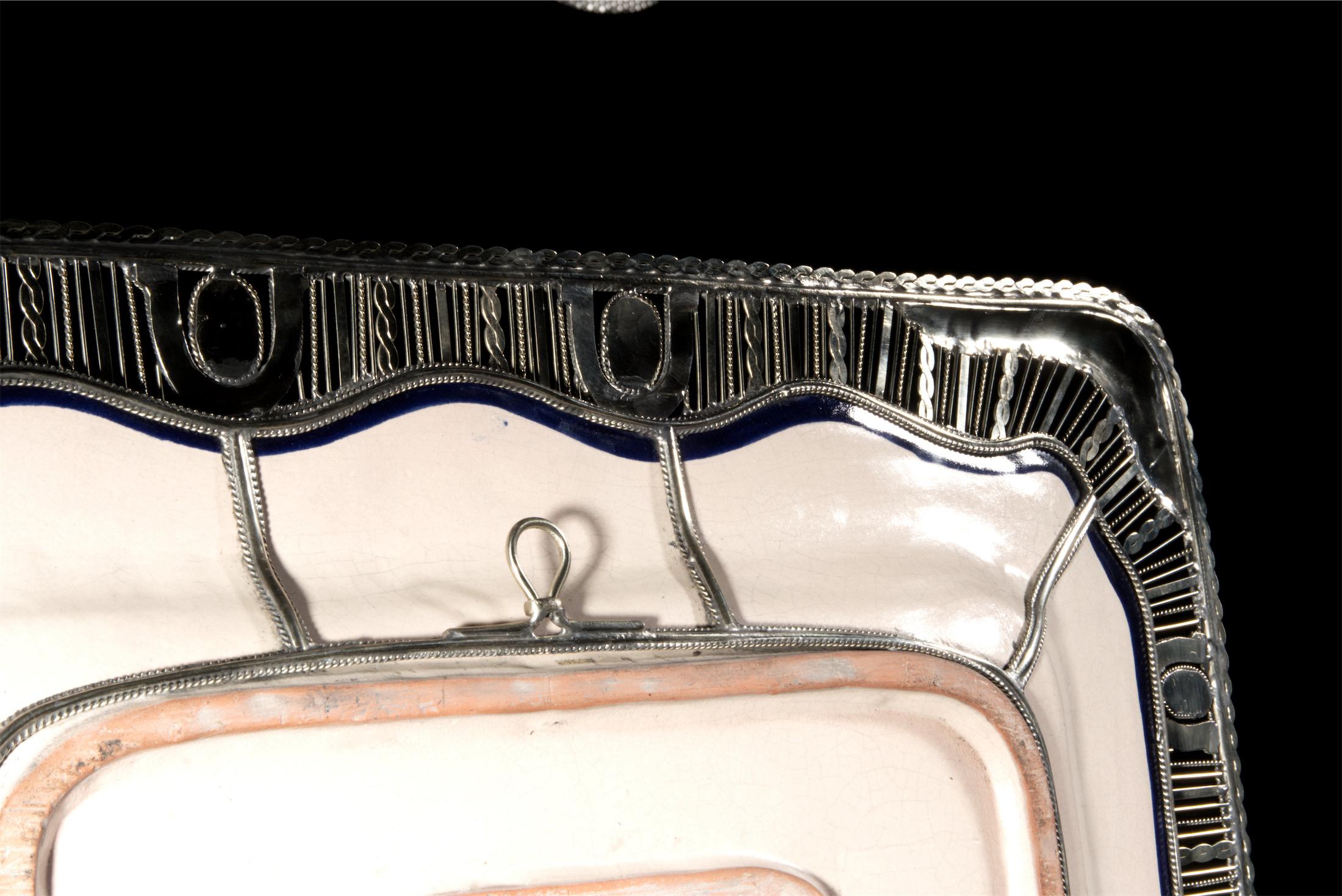 Contemporary Charrería Ceramic and White Metal Tray For Sale