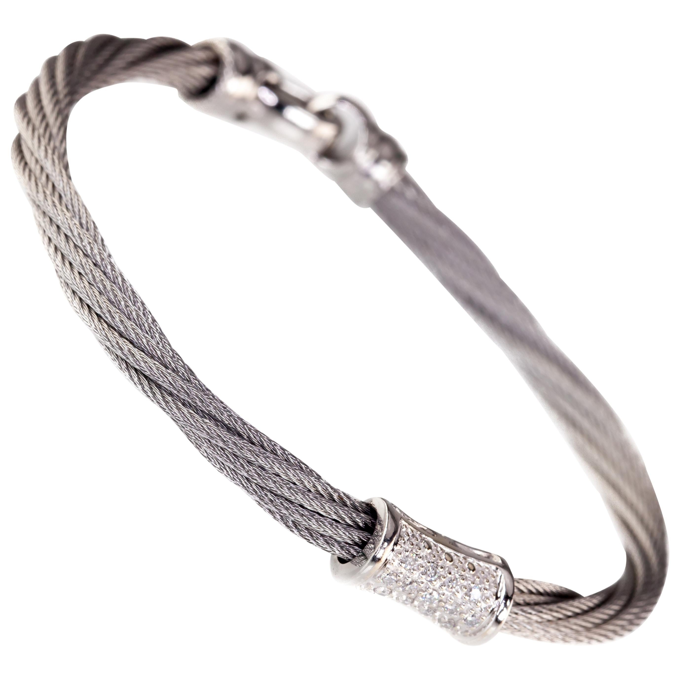 Charriol 0.10 Carat Diamond Steel Cable Bracelet with White Gold Accent