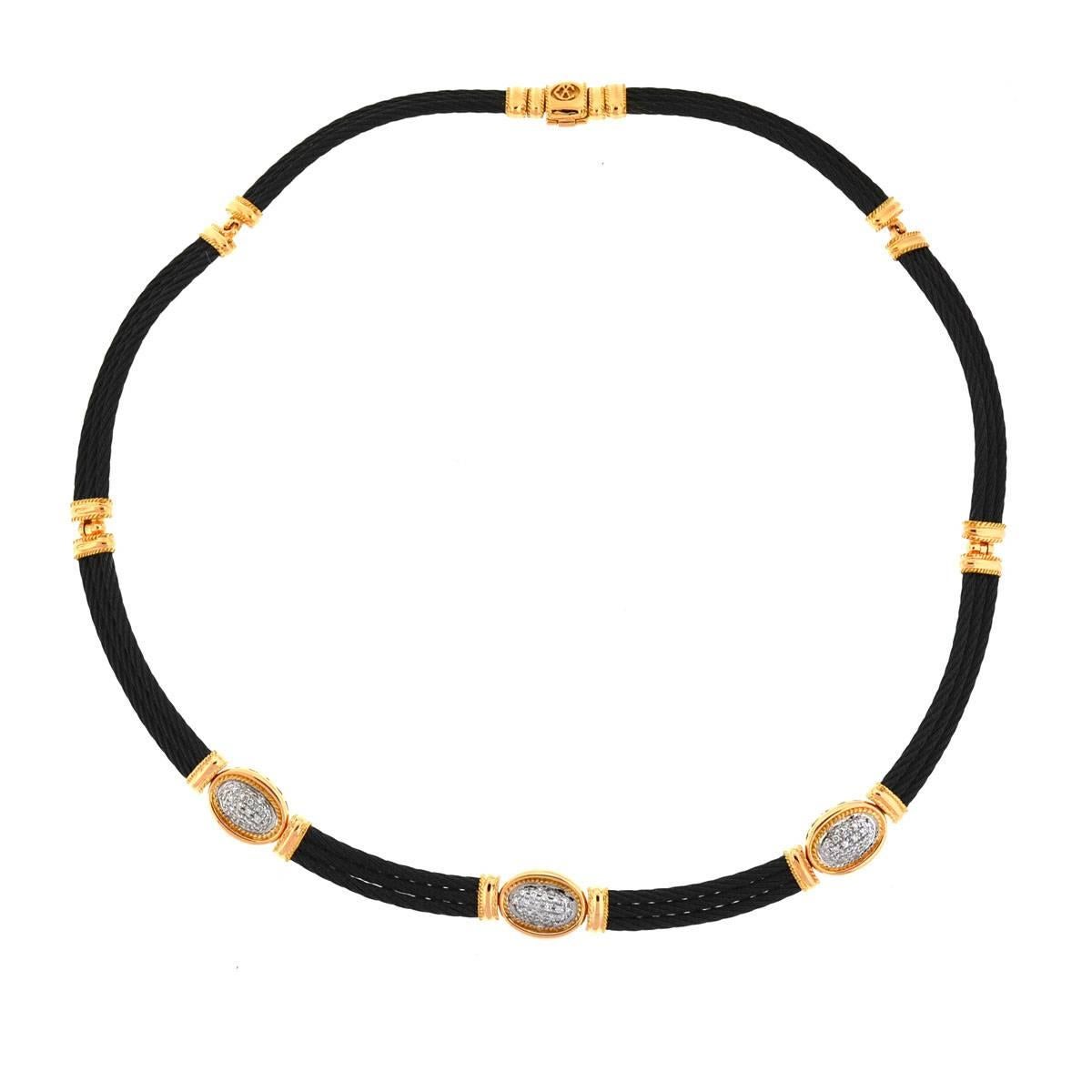 Company - Charriol
Style - Flamme Blanche Choker Necklace
Metal - 18k Rose Gold and 3 Row Black cord
Length - Approx. 16