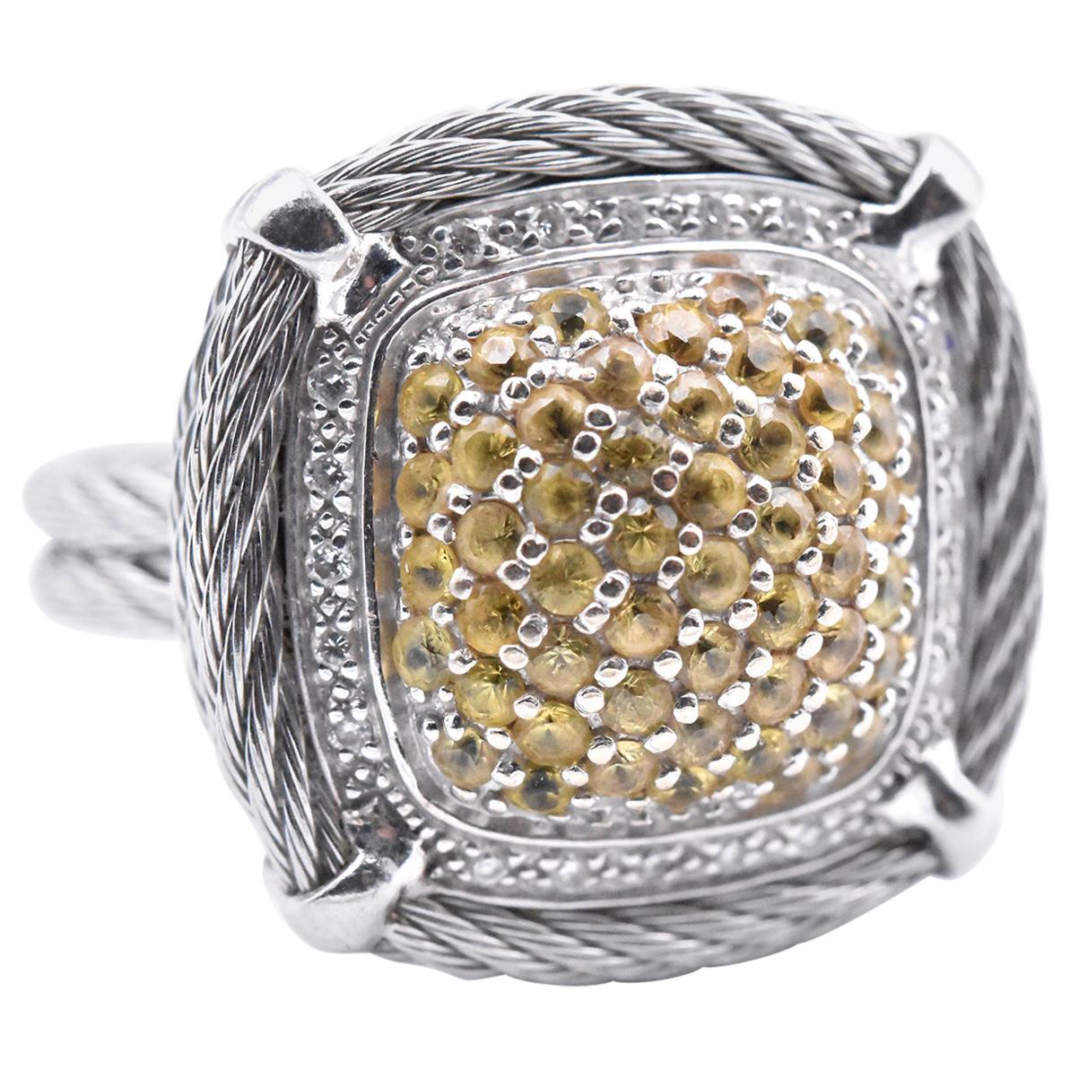 Charriol 18 Karat White Gold Pave Yellow Sapphire and Diamond Dome Cable Ring