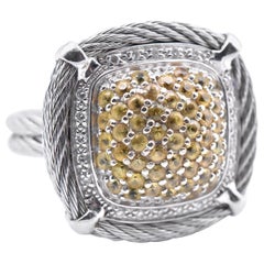 Charriol 18 Karat White Gold Pave Yellow Sapphire and Diamond Dome Cable Ring