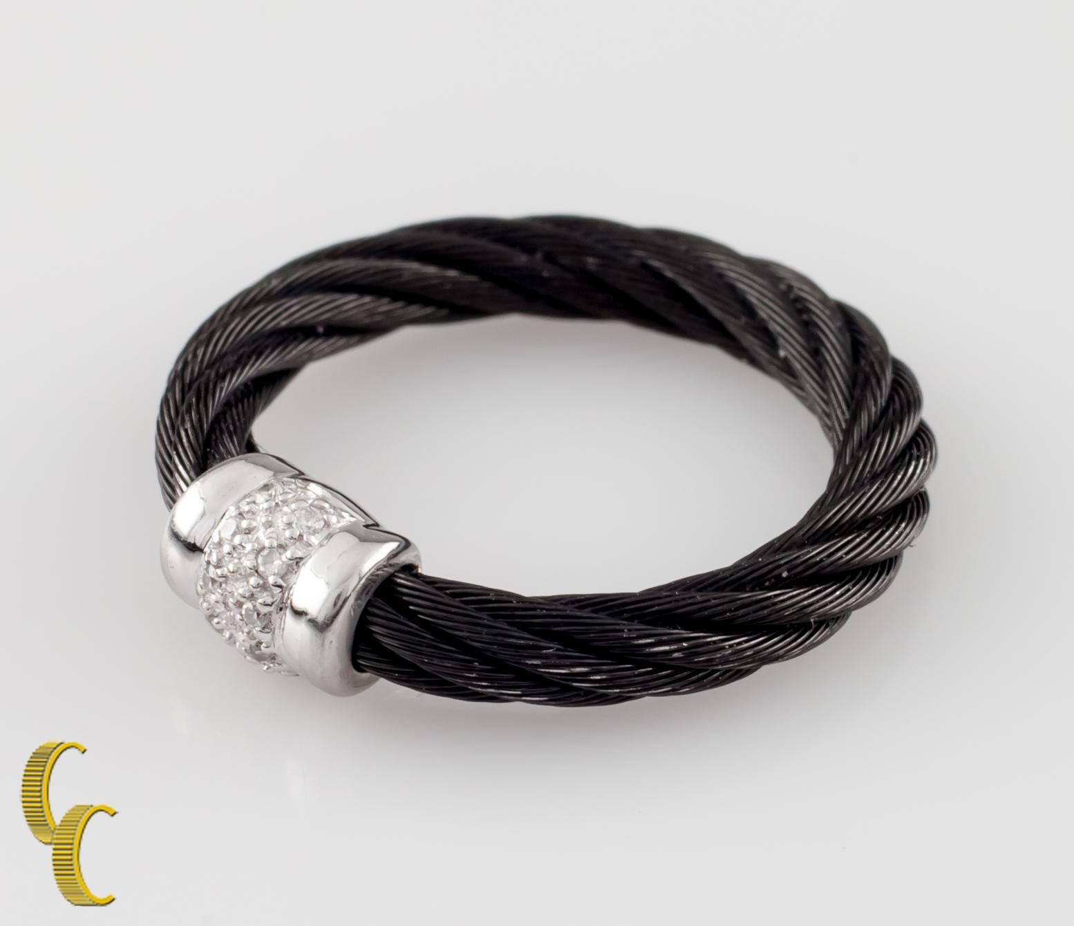 Charriol Anillo Noir Celta Cable Negro de Oro Blanco de 18 K y Diamantes, Talla 6.25 Corte redondo en venta