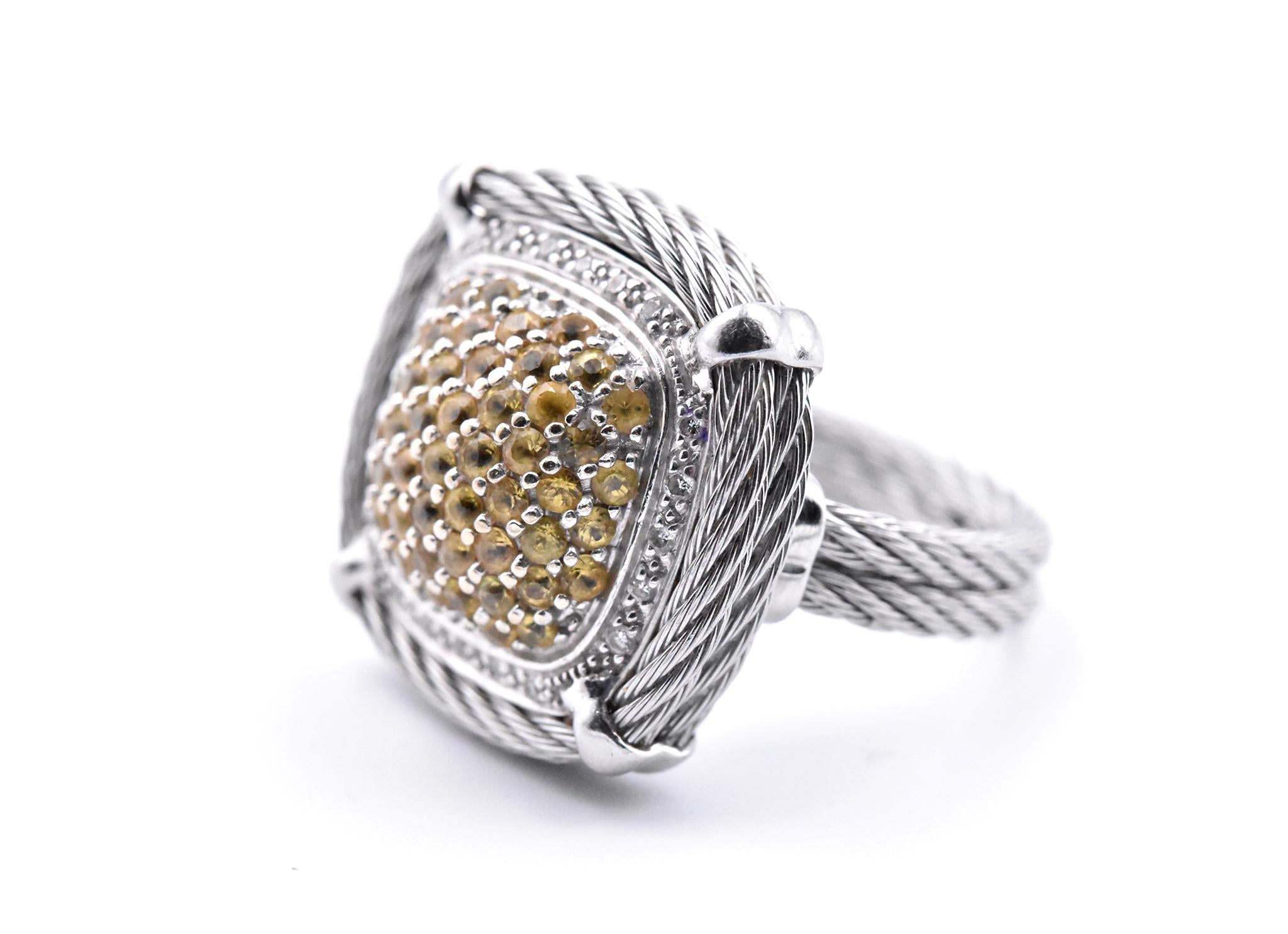 Round Cut Charriol 18 Karat White Gold Pave Yellow Sapphire and Diamond Dome Cable Ring