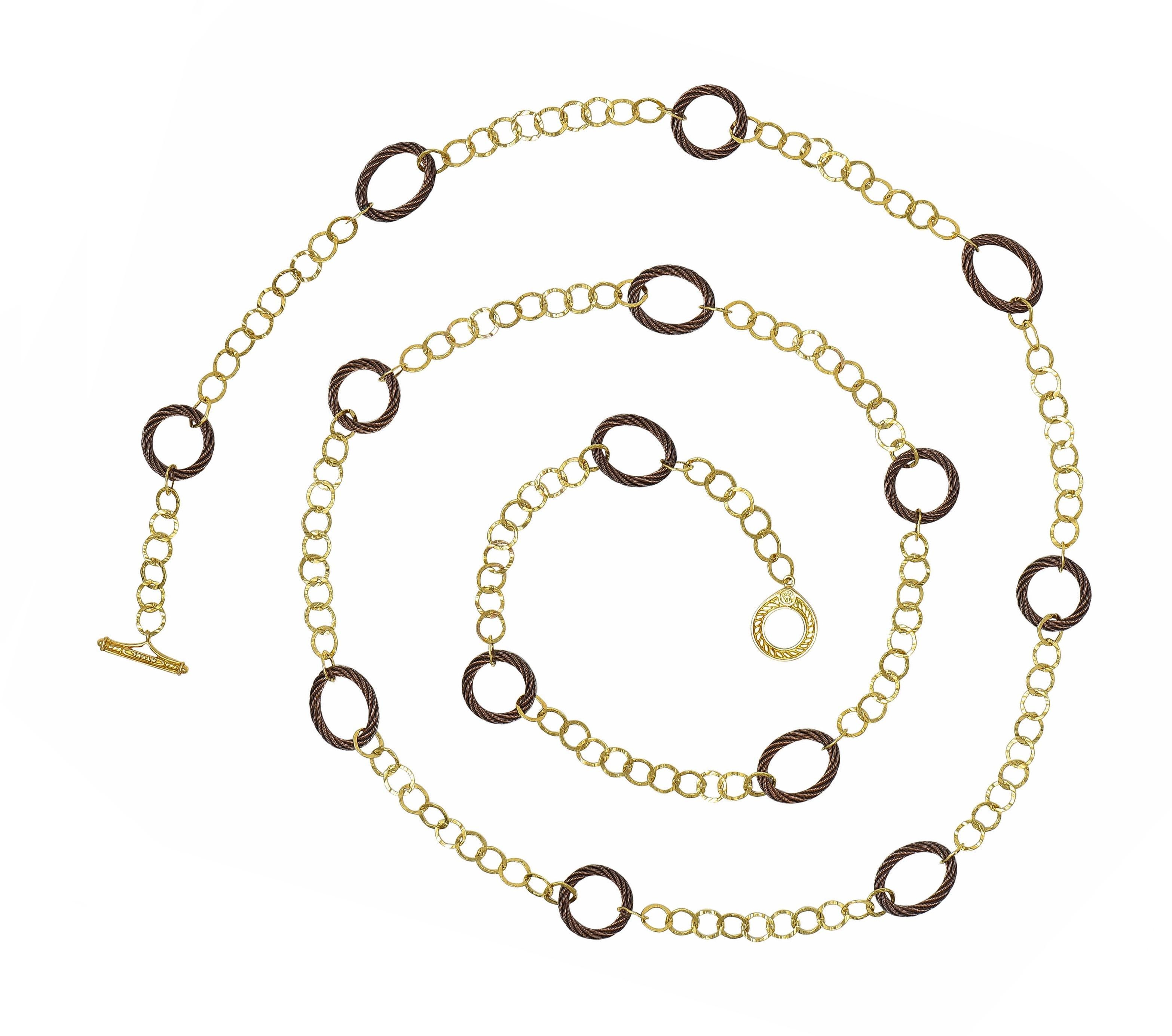 Charriol 2000's Brown Steel 18 Karat Yellow Gold Hammered Celtic Chain Necklace In Excellent Condition For Sale In Philadelphia, PA