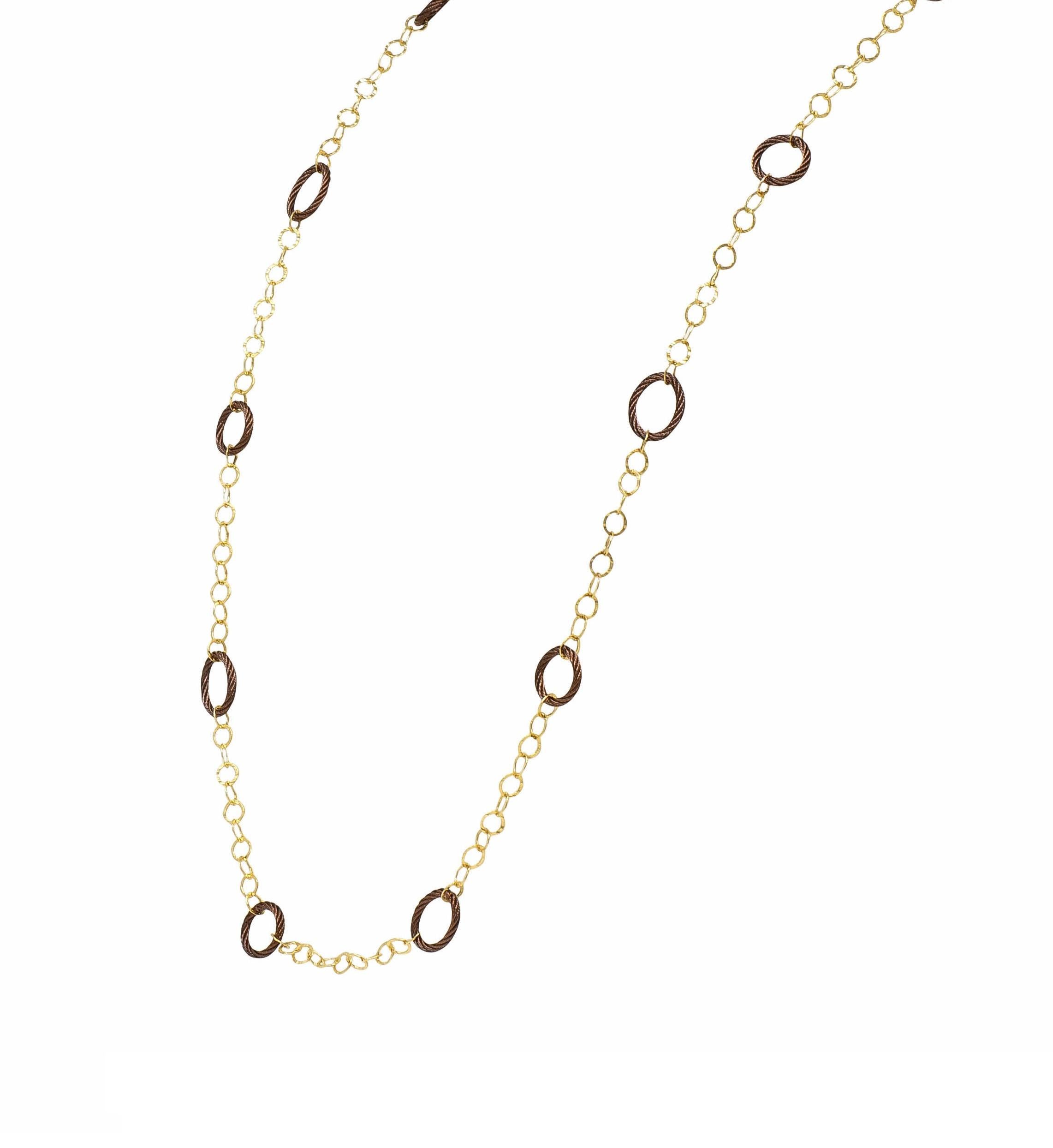 Women's or Men's Charriol 2000's Brown Steel 18 Karat Yellow Gold Hammered Celtic Chain Necklace For Sale