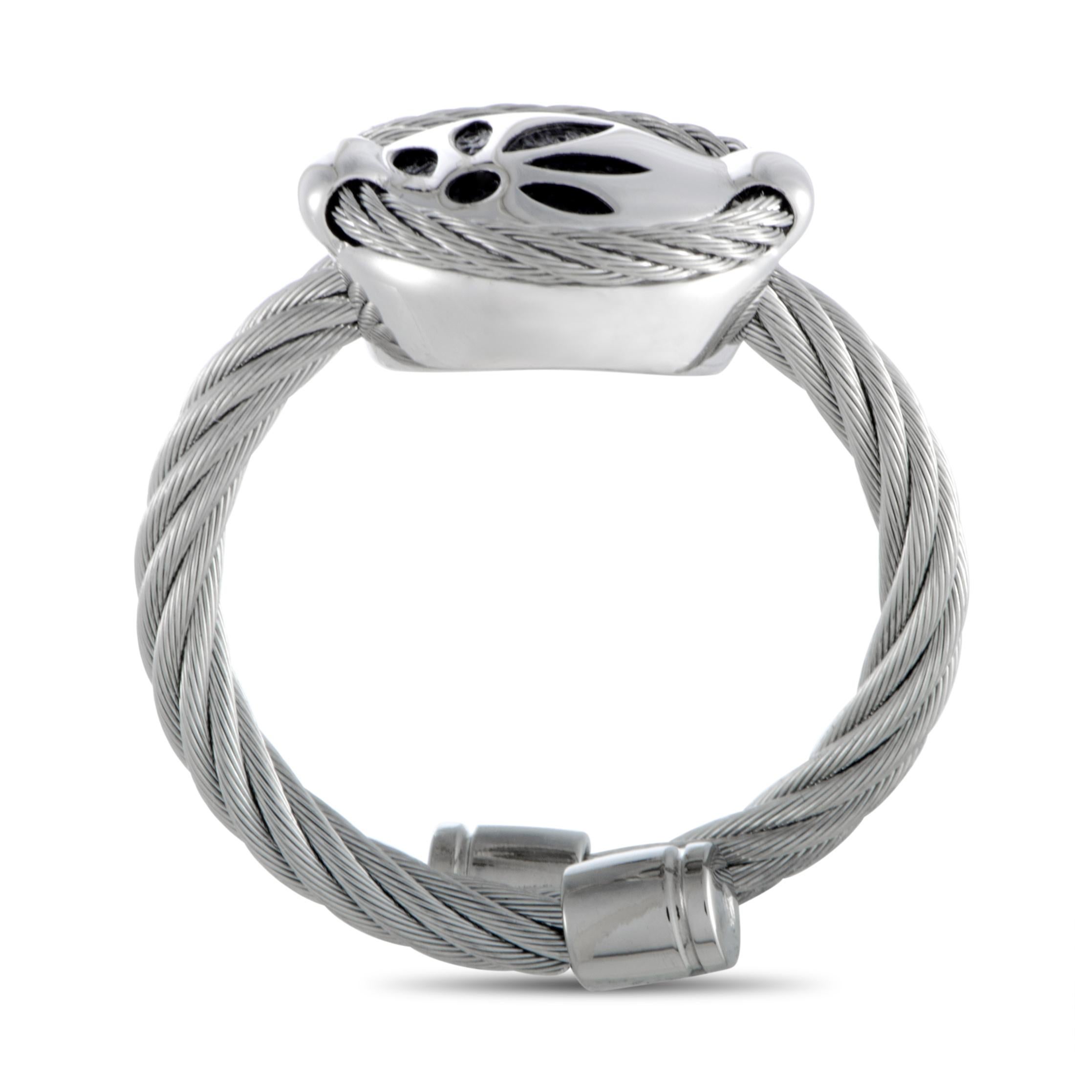 This exquisite “Bamboo” ring is presented by Charriol and it is designed in an incredibly offbeat fashion, boasting intriguing cable motif and beautiful bamboo leaves-inspired décor. The ring is crafted from stainless steel.
 Ring Top Dimensions: