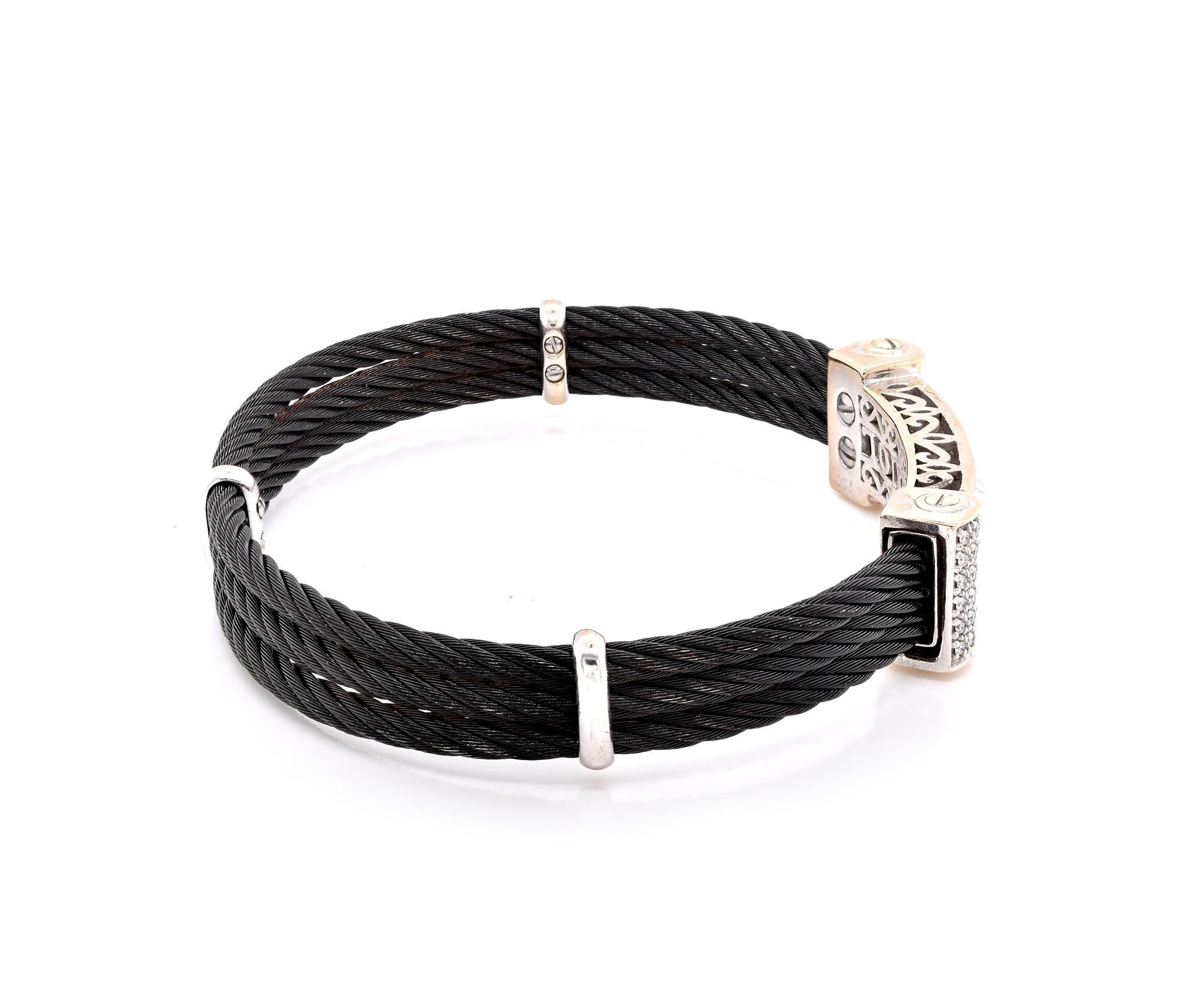 Designer: Charriol
Material: black cable with three 18K white gold spacers
Diamonds: 96 round cut = .48cttw
Color: G
Clarity: VS2
Weight: 23.80 grams
Size: fits up to a 6.5-inch wrist
