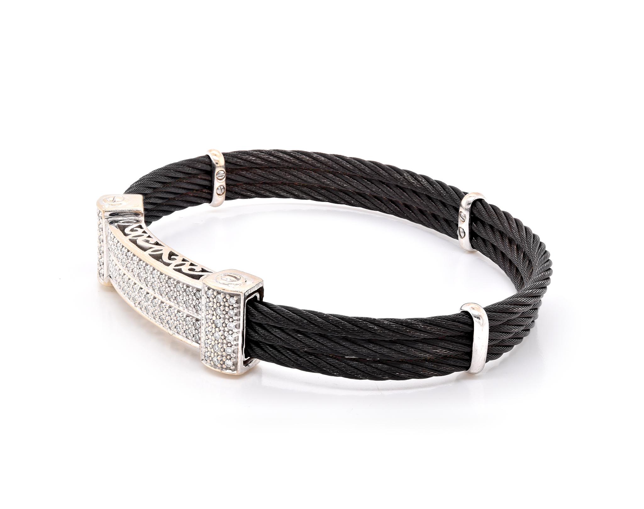 Round Cut Charriol ‘Celtic Noir’ Pave Diamond Station Cable Bracelet 18K White Gold