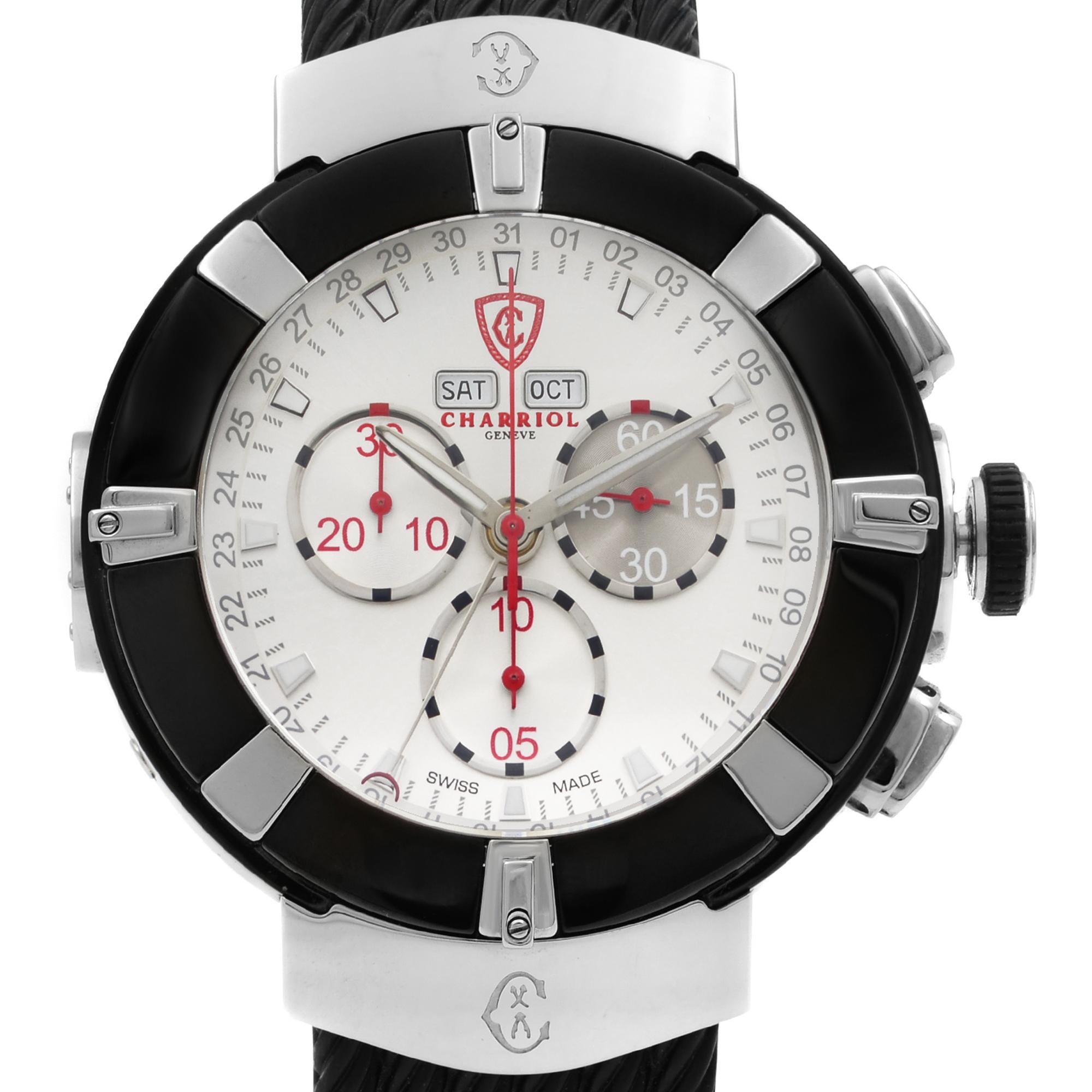 Display Model Charriol Celtica Day Date Month Steel Silver Dial Quartz Mens Watch. This Beautiful Timepiece Features: A Fresh Ultra-Readable New Dial, A Tactile Sand-Brushed Bezel and Statement Red Hands, Driven by a Swiss-Made Quartz Chronograph