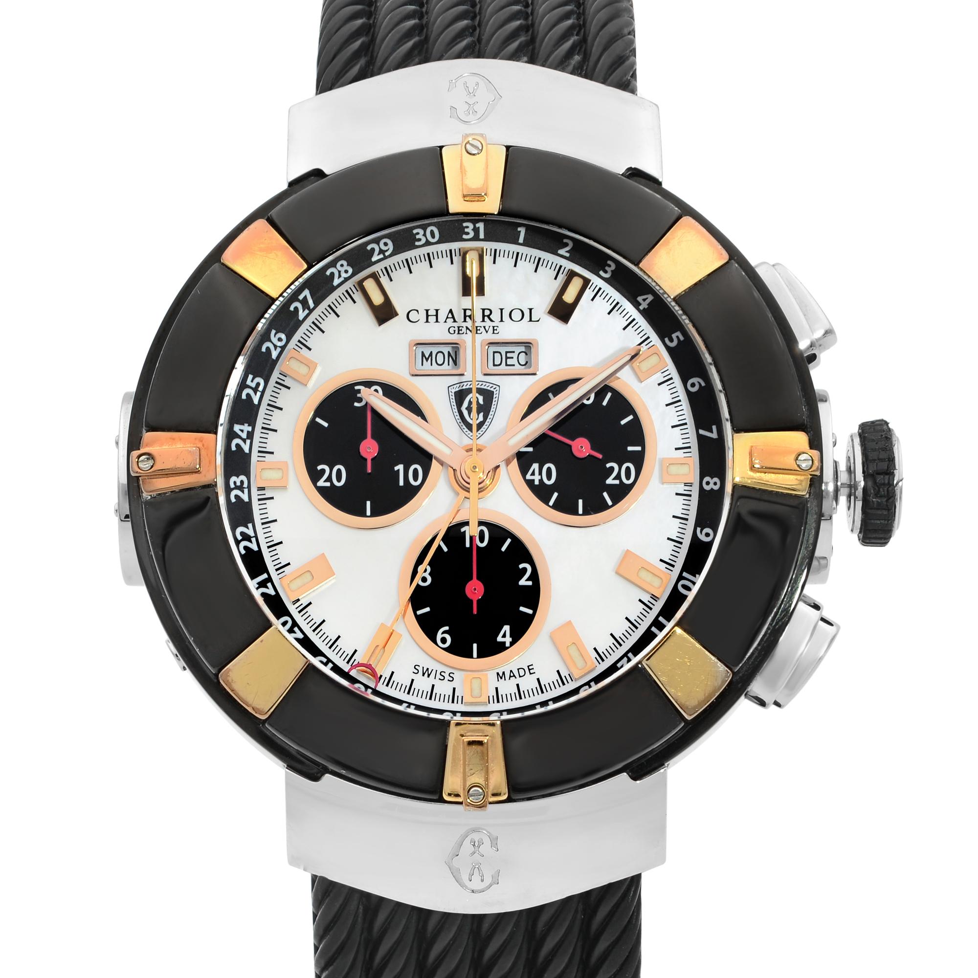 This pre-owned Charriol Celtica  C44P.173.003  is a beautiful men's timepiece that is powered by quartz (battery) movement which is cased in a stainless steel case. It has a round shape face, chronograph, day & date, small seconds subdial dial and