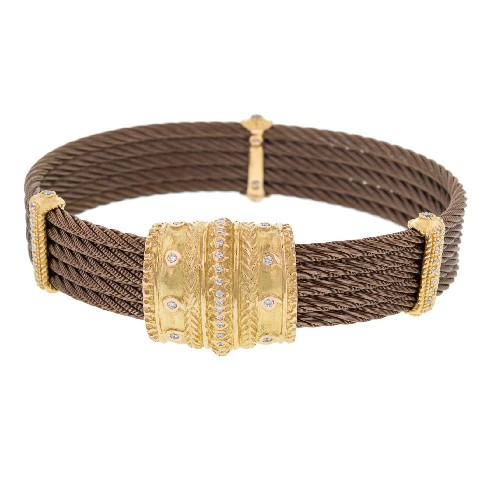Charriol Celtique Cuff Bracelet in 18 Karat Yellow Gold with Diamonds