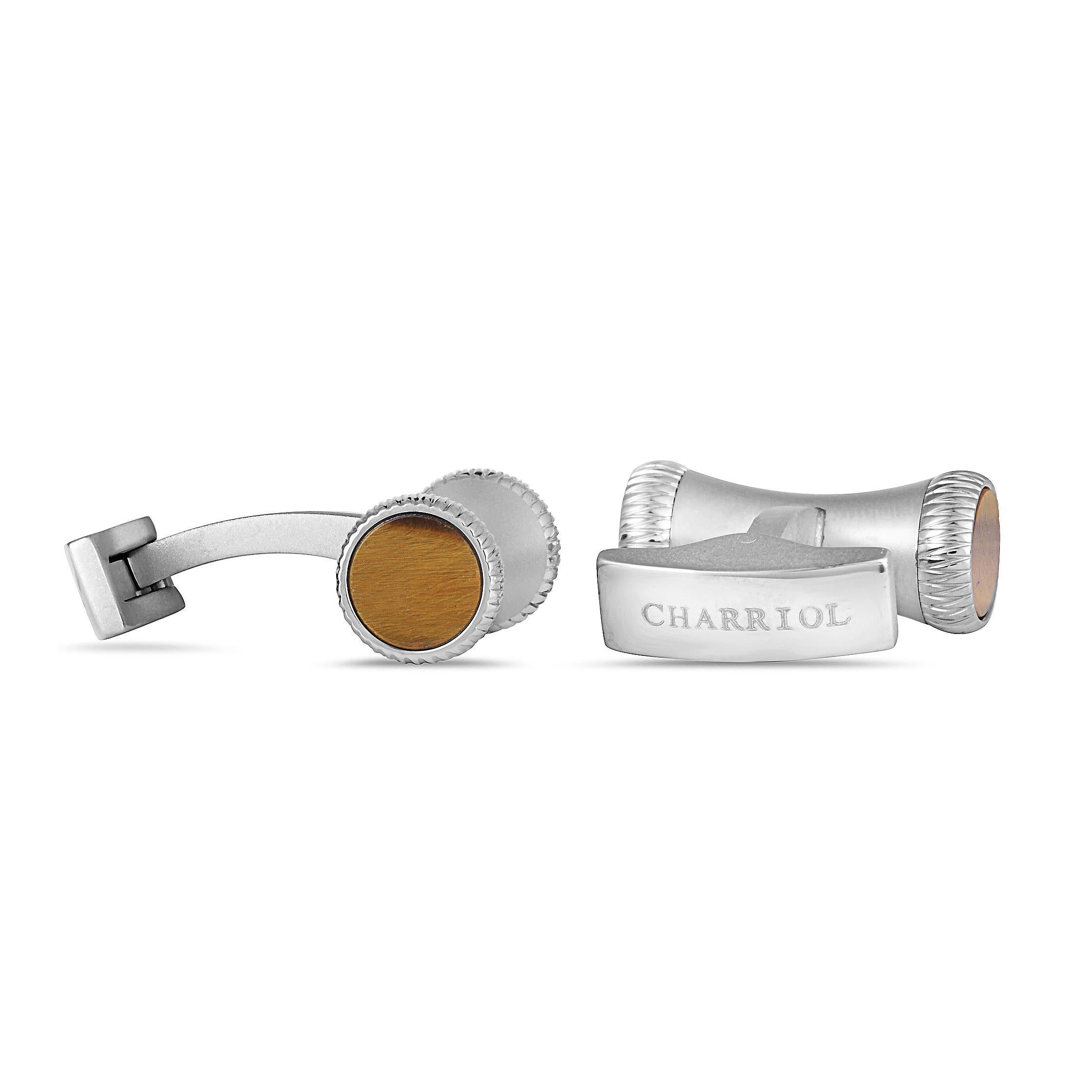 Charriol Columbus Matte Stainless Steel Tiger's Eye Cylinder Cufflinks In New Condition In Southampton, PA