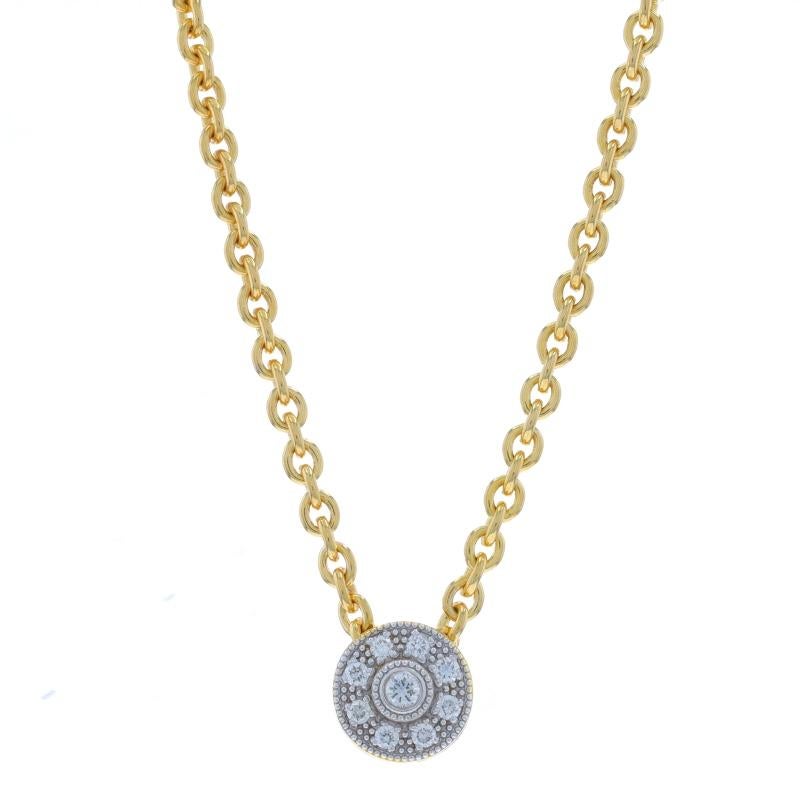 Brand: Charriol

Metal Content: 18k Yellow Gold & 18k White Gold

Stone Information

Natural Diamonds
Carat(s): .15ctw
Cut: Round Brilliant
Color: F - G
Clarity: VS1 - VS2

Total Carats: .15ctw

Style: Halo Slide
Chain Style: Cable
Necklace Style: