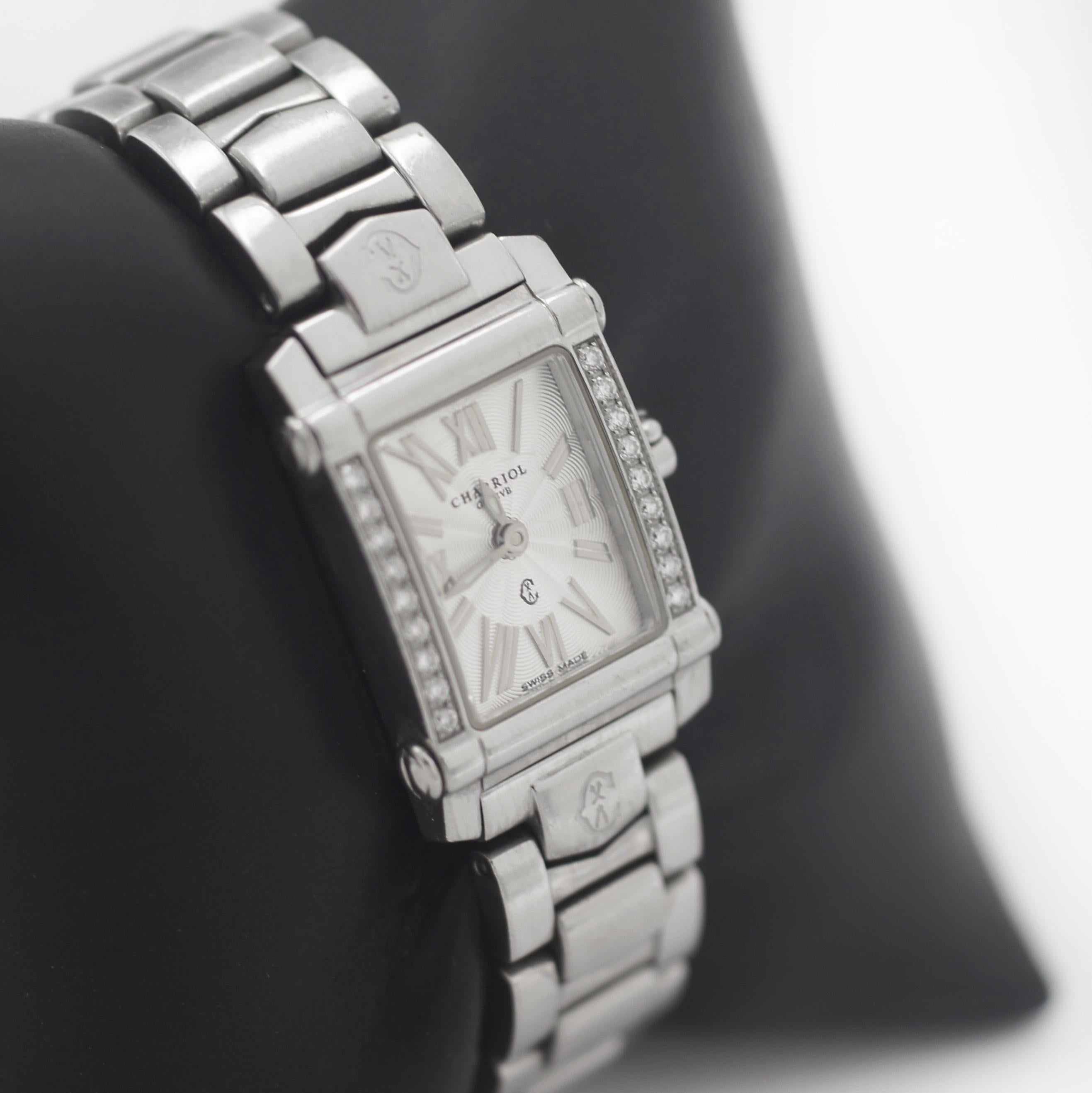 CHARRIOL
Stainless steel
18 full cut Diamonds, approx. total weight .33cts, G, SI1
Case: 28mm
Crystal: Sapphire
Dial: Silver color with Roman numerals
Swiss Made
Water-resistant
Fits approx. 6